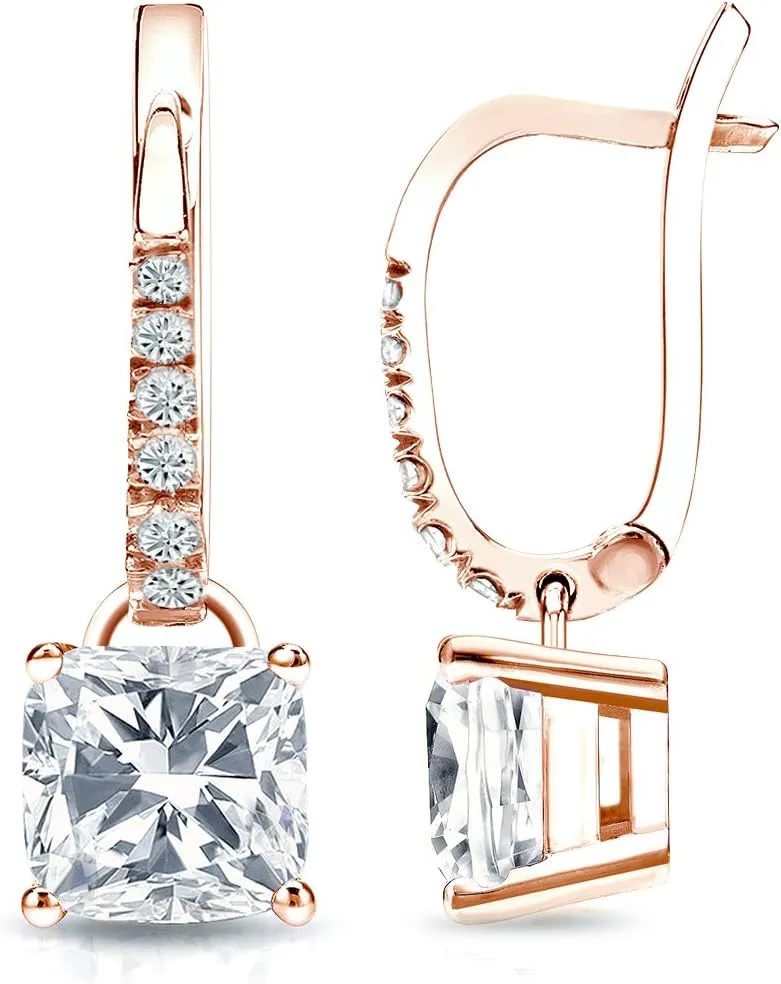 Diamond Wish IGI Certified 14k Rose Gold Cushion Diamond Earrings Dangle 4-Prong Basket (1 1/2 CTTW, G-H, VS2-SI1)