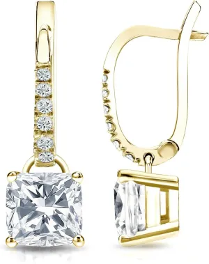 Diamond Wish IGI Certified 14k Yellow Gold Cushion Diamond Earrings Dangle 4-Prong Basket (1 1/2 CTTW, H-I, I1-I2)