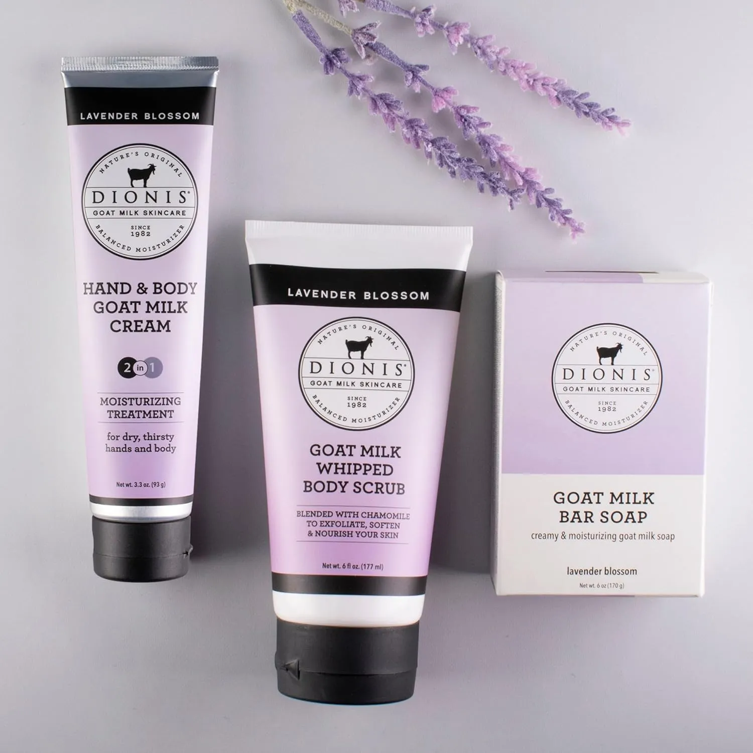 Dionis Goat Milk Skincare Lavender Blossom 3 Piece Self Care Essentials Gift Set - Bar Soap, Hand & Body Cream & Whipped Chamomile Sugar Body Scrub In Recyclable Box - Exfoliate & Moisturize Dry Skin