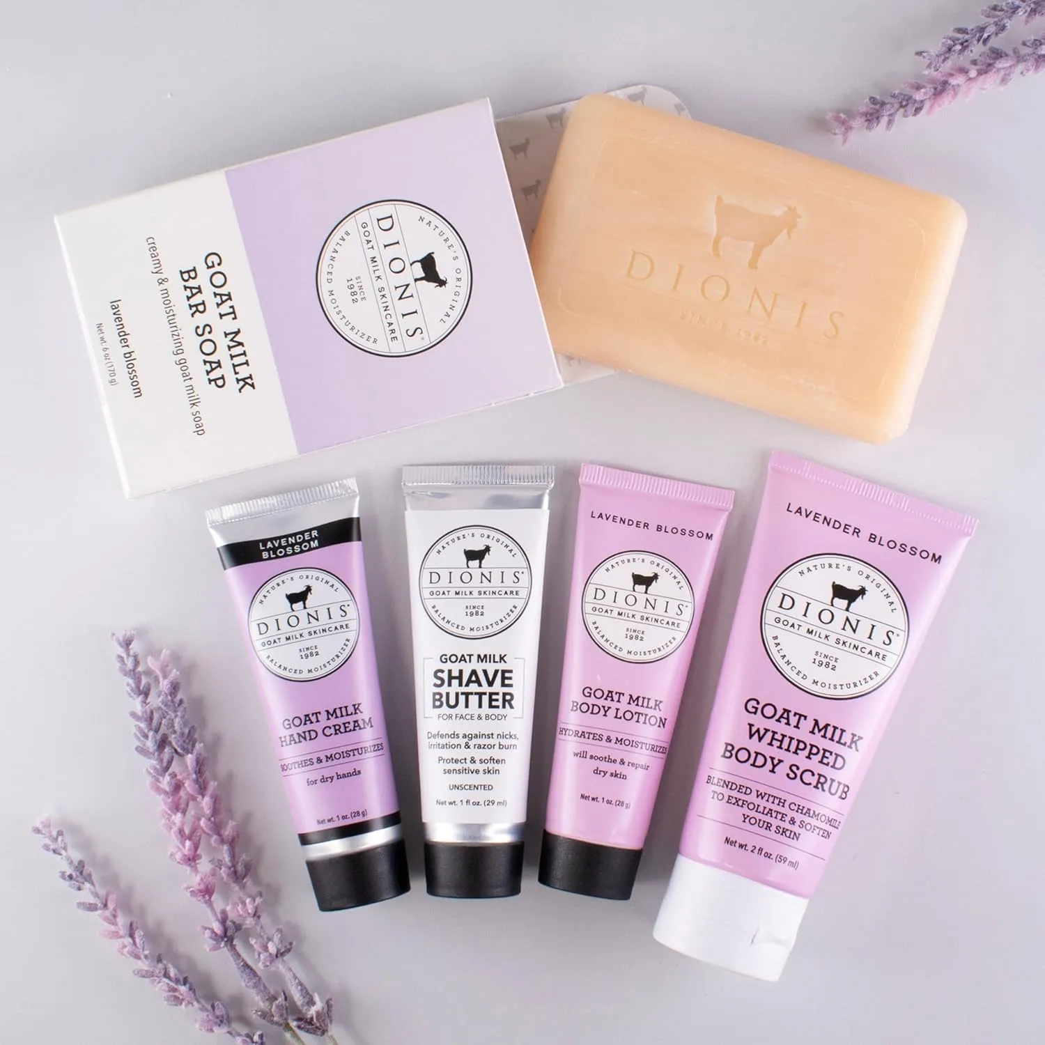 Dionis Goat Milk Skincare Lavender Blossom 6 Pc Self Care Essentials Travel Set - Bar Soap, Shave Butter, Hand Cream, Body Lotion & Whipped Sugar Body Scrub In Resealable Leak Resistant Carrying Case