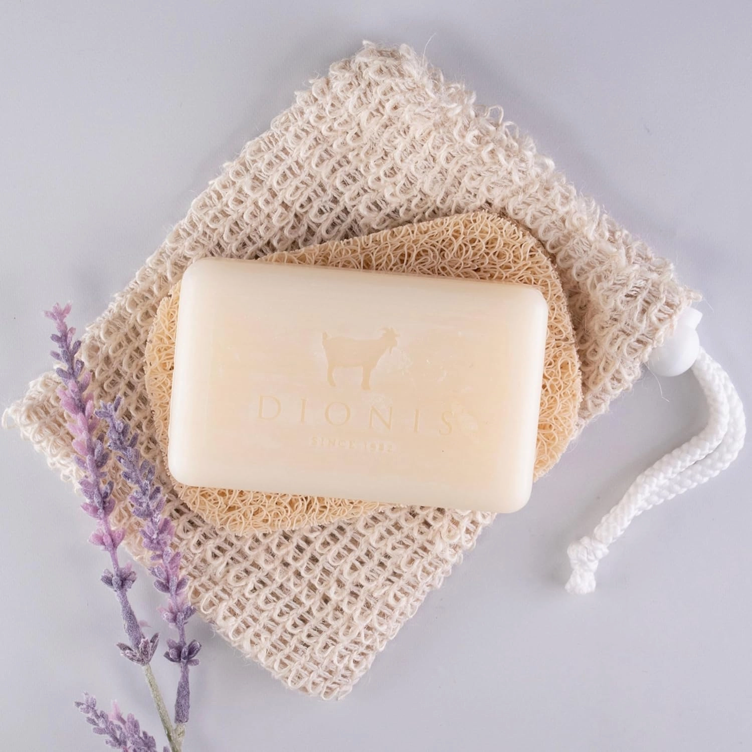 Dionis Goat Milk Bar Soap Shower & Bath 3 Pc Travel Set with Saver Pad & Exfoliating Scrubber - Moisturize & Massage - Triple Milled Gentle Body Wash Cleanser Creamy, Rich Lather, Lavender Blossom