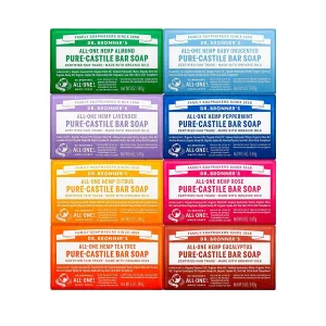 Dr. Bronner's - Pure-Castile Bar Soap (5 oz Variety Pack) Almond, Unscented, Lavender, Peppermint, Citrus, Rose, Tea Tree, & Eucalyptus - Made with Organic Oils, (8 Count)