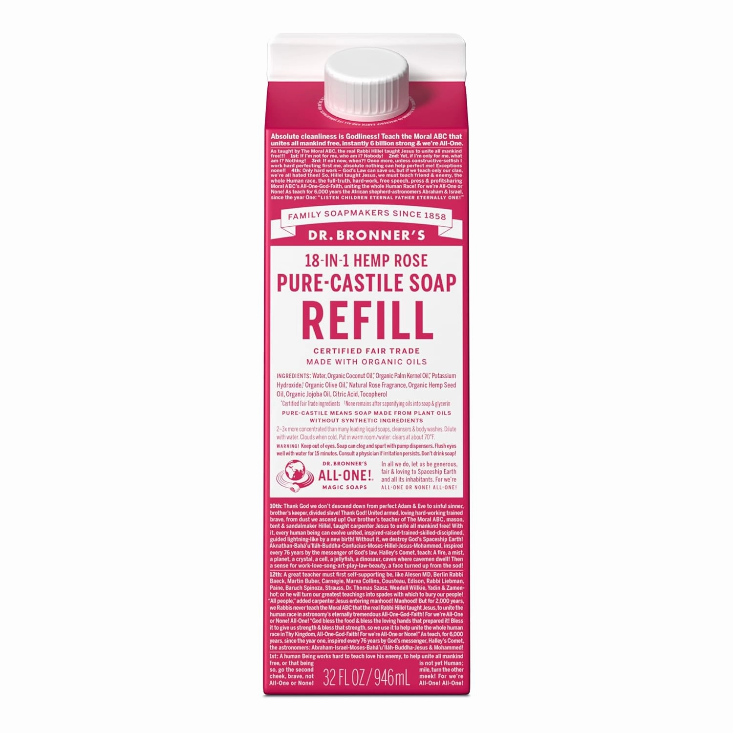 Dr. Bronner's - Pure-Castile Liquid Soap Refill, 82% Less Plastic per Quart, Made with Organic Oils, 18-in-1 Uses, For Face, Body, Hand Soap Refill, Hair, Laundry, Pets & Dishes (32oz, Rose)