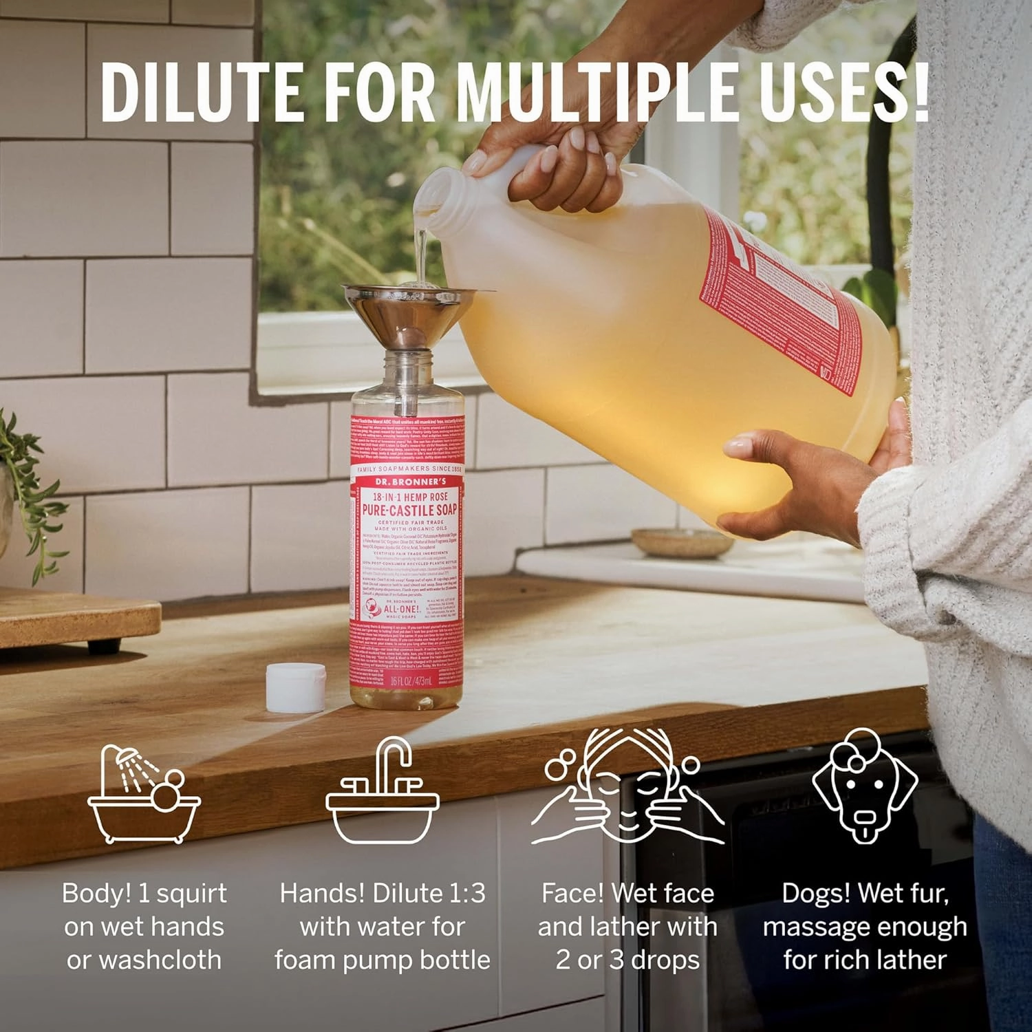 Dr. Bronner's Magic Soap Pure-Castile Liquid Soap (Rose, 1 Gallon) - Made with Organic Oils, 18-in-1 Uses: Face, Body, Hair, Laundry, Pets and Dishes, Concentrated, Vegan, Non-GMO