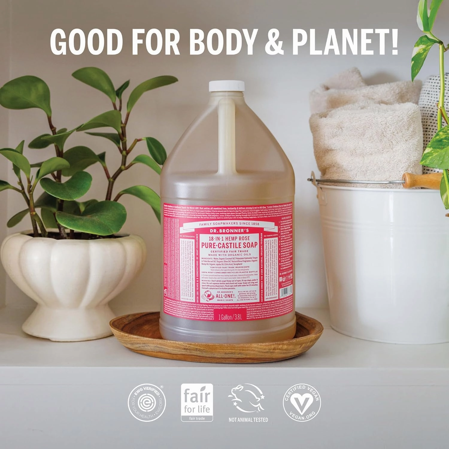 Dr. Bronner's Magic Soap Pure-Castile Liquid Soap (Rose, 1 Gallon) - Made with Organic Oils, 18-in-1 Uses: Face, Body, Hair, Laundry, Pets and Dishes, Concentrated, Vegan, Non-GMO