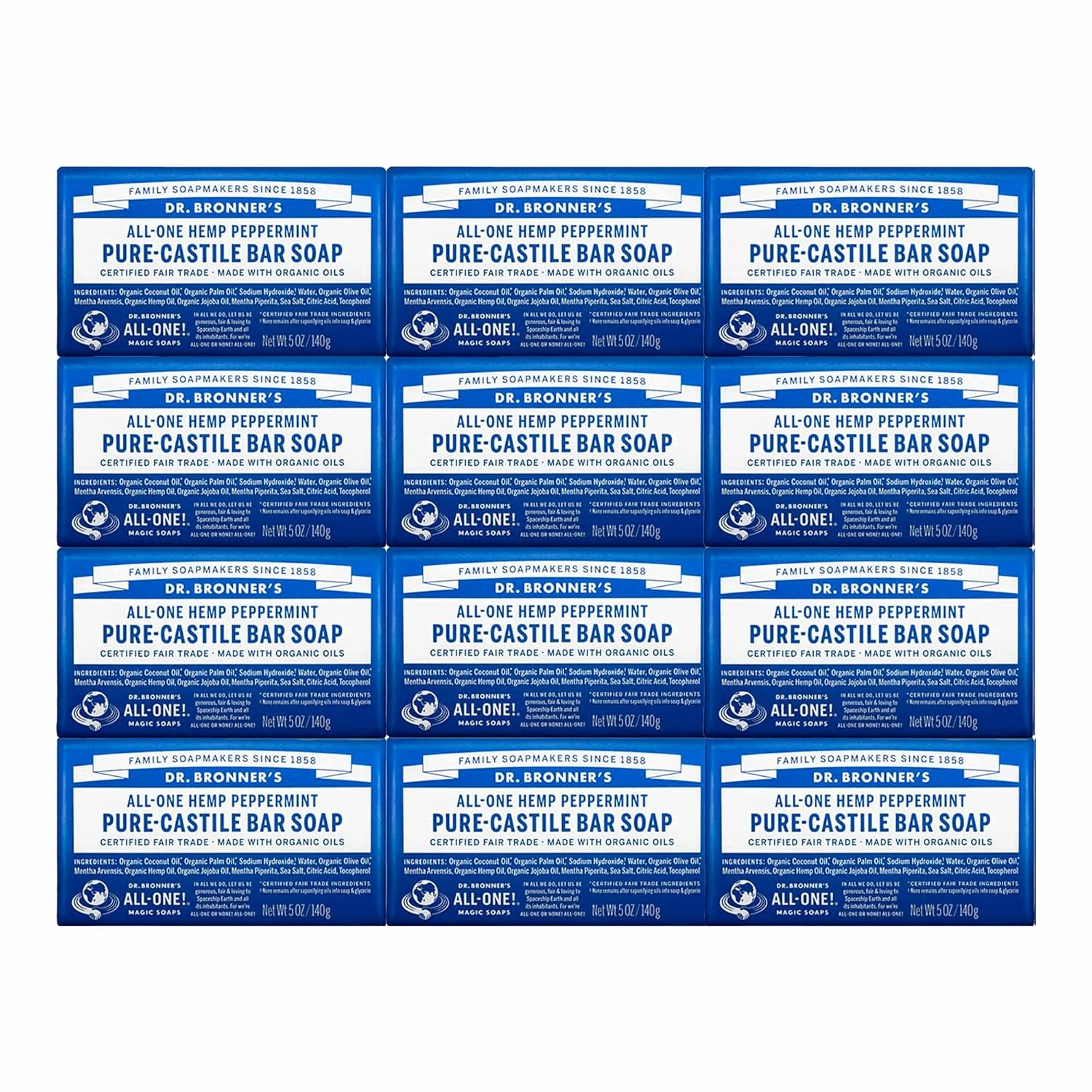 Dr. Bronner's Pure-Castile Magic Bar Soap (Peppermint, 5oz, 12-Pack) – Made with Organic Oils, Soap Bar for Men & Women, Gentle & Moisturizing for Face & Sensitive Skin, Vegan, Cruelty-Free, Non-GMO