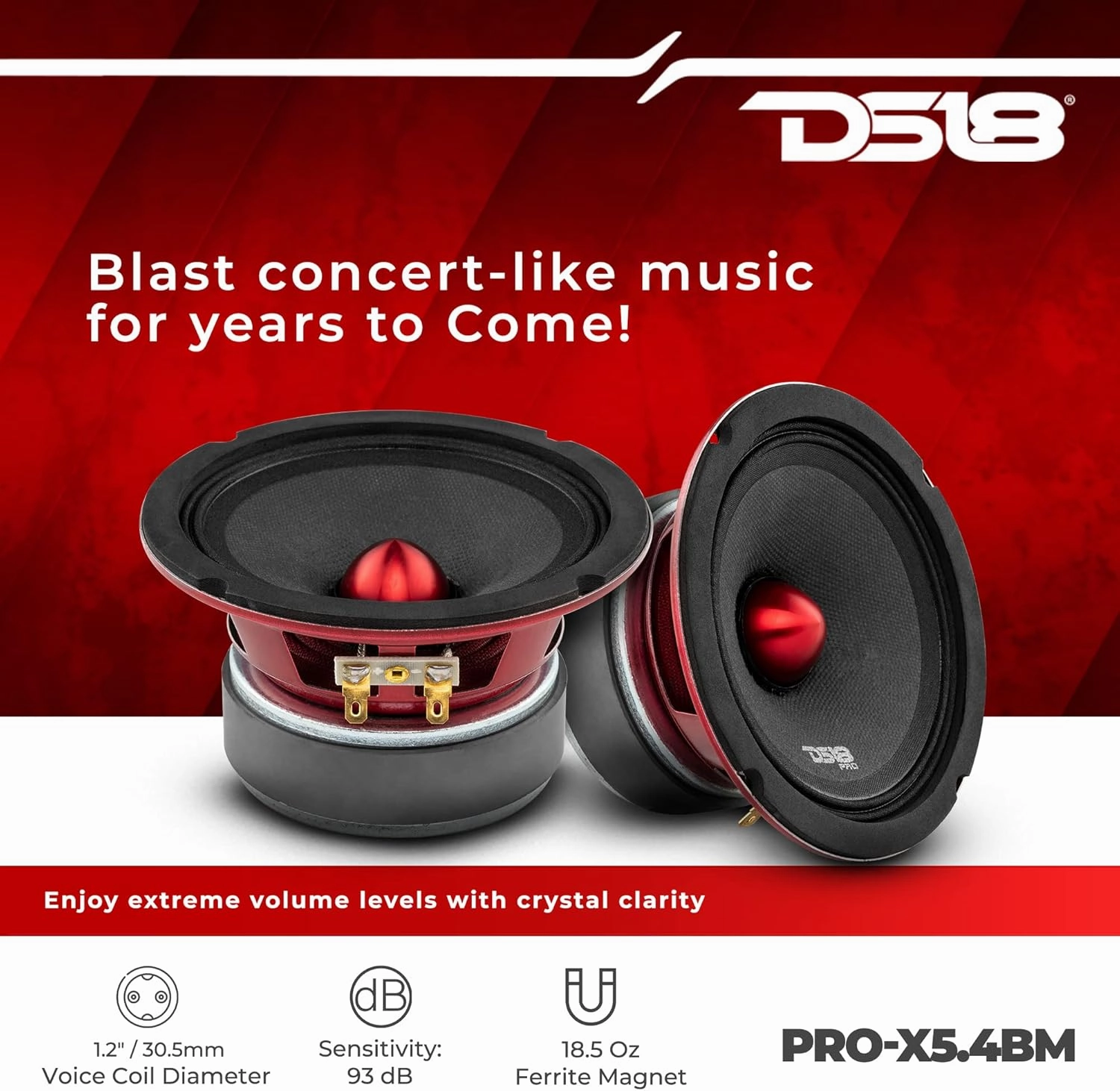 DS18 PRO-X5.4BM Loudspeaker - 5.25", Midrange, Red Aluminum Bullet, 300W Max, 150W RMS, 4 Ohms - Premium Quality Audio Door Speakers for Car or Truck Stereo Sound System (1 Speaker)