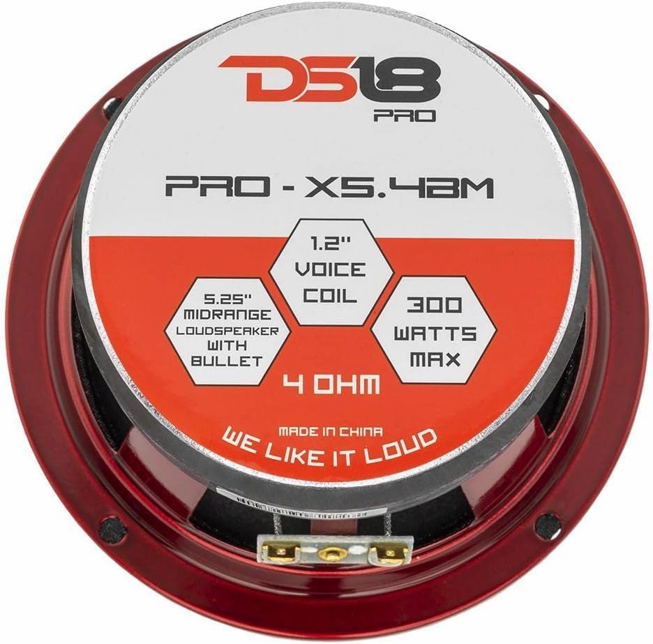 DS18 PRO-X5.4BM Loudspeaker - 5.25", Midrange, Red Aluminum Bullet, 300W Max, 150W RMS, 4 Ohms - Premium Quality Audio Door Speakers for Car or Truck Stereo Sound System (1 Speaker)