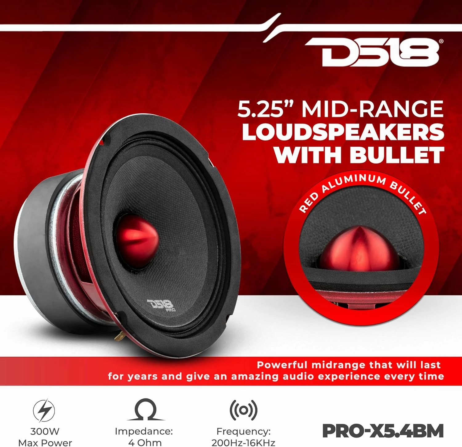 DS18 PRO-X5.4BM Loudspeaker - 5.25", Midrange, Red Aluminum Bullet, 300W Max, 150W RMS, 4 Ohms - Premium Quality Audio Door Speakers for Car or Truck Stereo Sound System (1 Speaker)