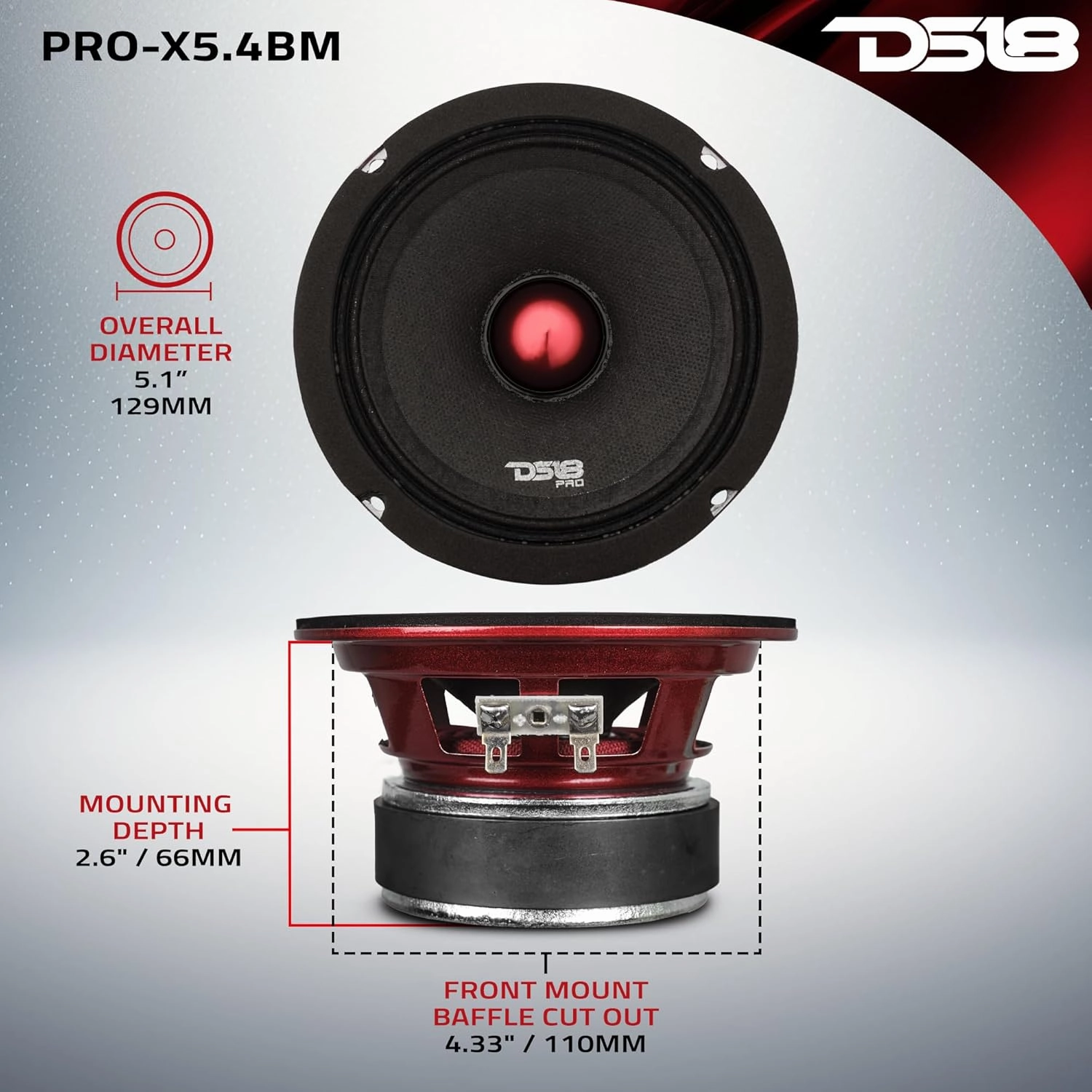 DS18 PRO-X5.4BM Loudspeaker - 5.25", Midrange, Red Aluminum Bullet, 300W Max, 150W RMS, 4 Ohms - Premium Quality Audio Door Speakers for Car or Truck Stereo Sound System (1 Speaker)