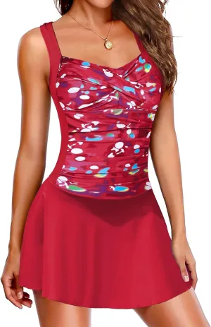 Ekouaer Swim Dress One Piece Bathing Suit Skirted Swimsuits for Women Ruched Retro Swimwear S-XXL Wine Red