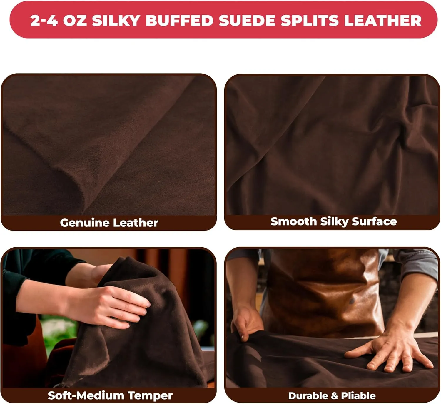 ELW Premium Suede Cowhide 2-4 oz (1-1.6mm) - Soft Full Grain Pre-Cut Side Leather - (2-4 SQ FT,Brown) - USA Made Silky Buffed Suede Fabric Leather for Car Upholstery, Crafts, Garments, Furniture