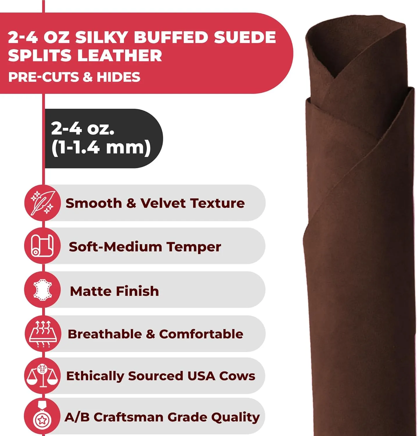 ELW Premium Suede Cowhide 2-4 oz (1-1.6mm) - Soft Full Grain Pre-Cut Side Leather - (2-4 SQ FT,Brown) - USA Made Silky Buffed Suede Fabric Leather for Car Upholstery, Crafts, Garments, Furniture