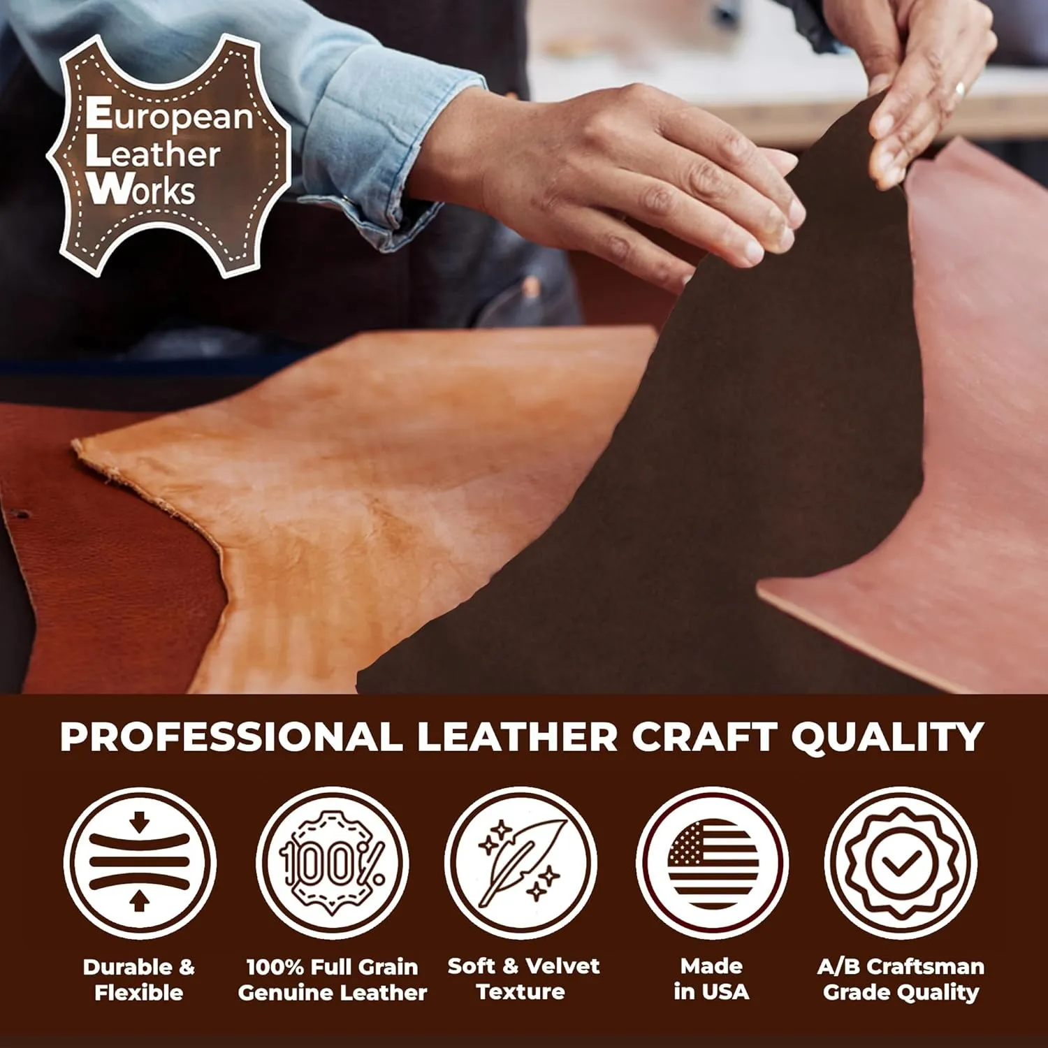ELW Premium Suede Cowhide 2-4 oz (1-1.6mm) - Soft Full Grain Pre-Cut Side Leather - (2-4 SQ FT,Brown) - USA Made Silky Buffed Suede Fabric Leather for Car Upholstery, Crafts, Garments, Furniture