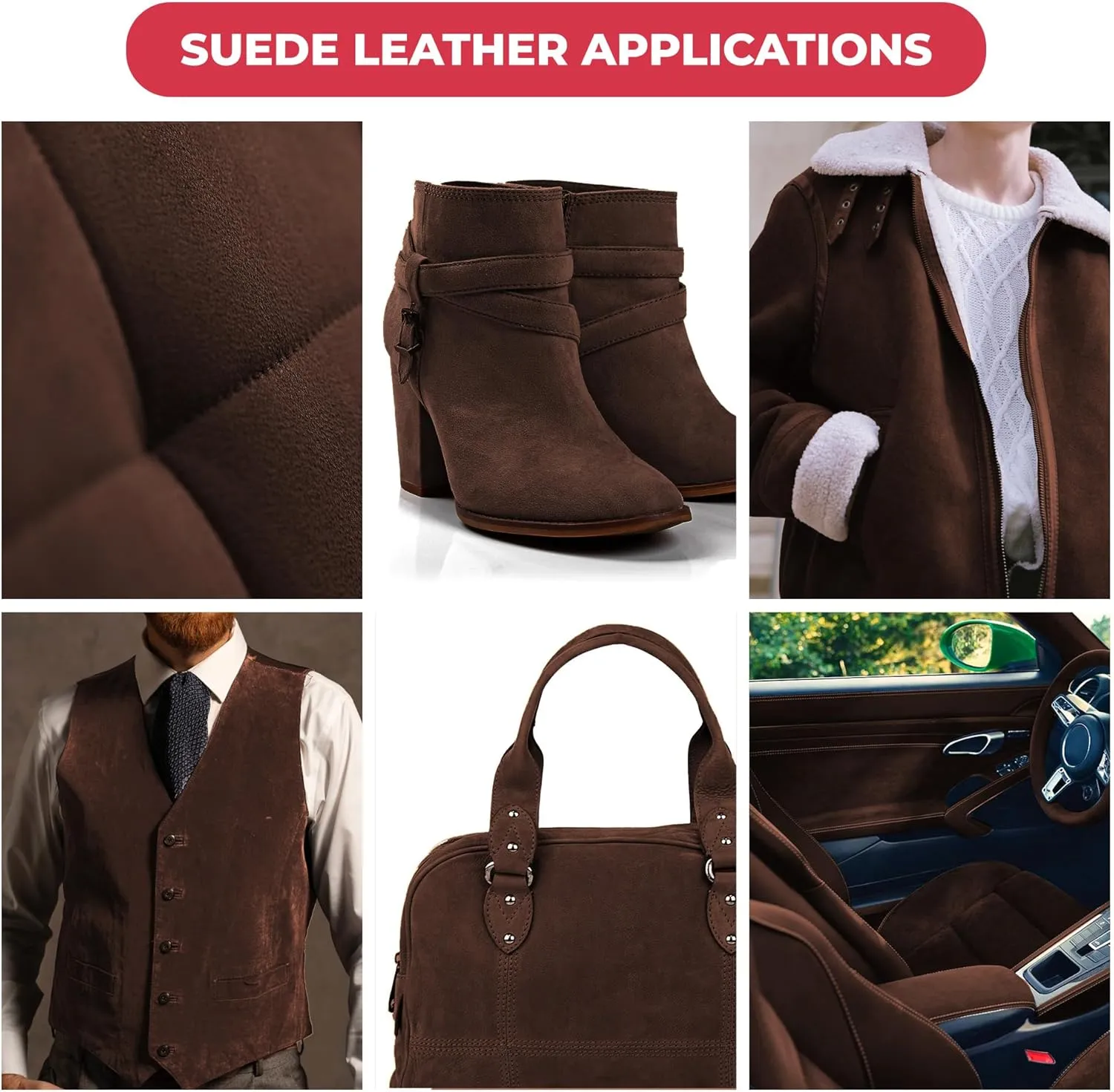 ELW Premium Suede Cowhide 2-4 oz (1-1.6mm) - Soft Full Grain Pre-Cut Side Leather - (2-4 SQ FT,Brown) - USA Made Silky Buffed Suede Fabric Leather for Car Upholstery, Crafts, Garments, Furniture