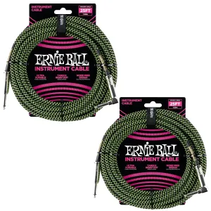 Ernie Ball Braided Instrument Cable Set Straight/Angle Length 25ft in Neon Green/Black (P06066) - Pack of 2