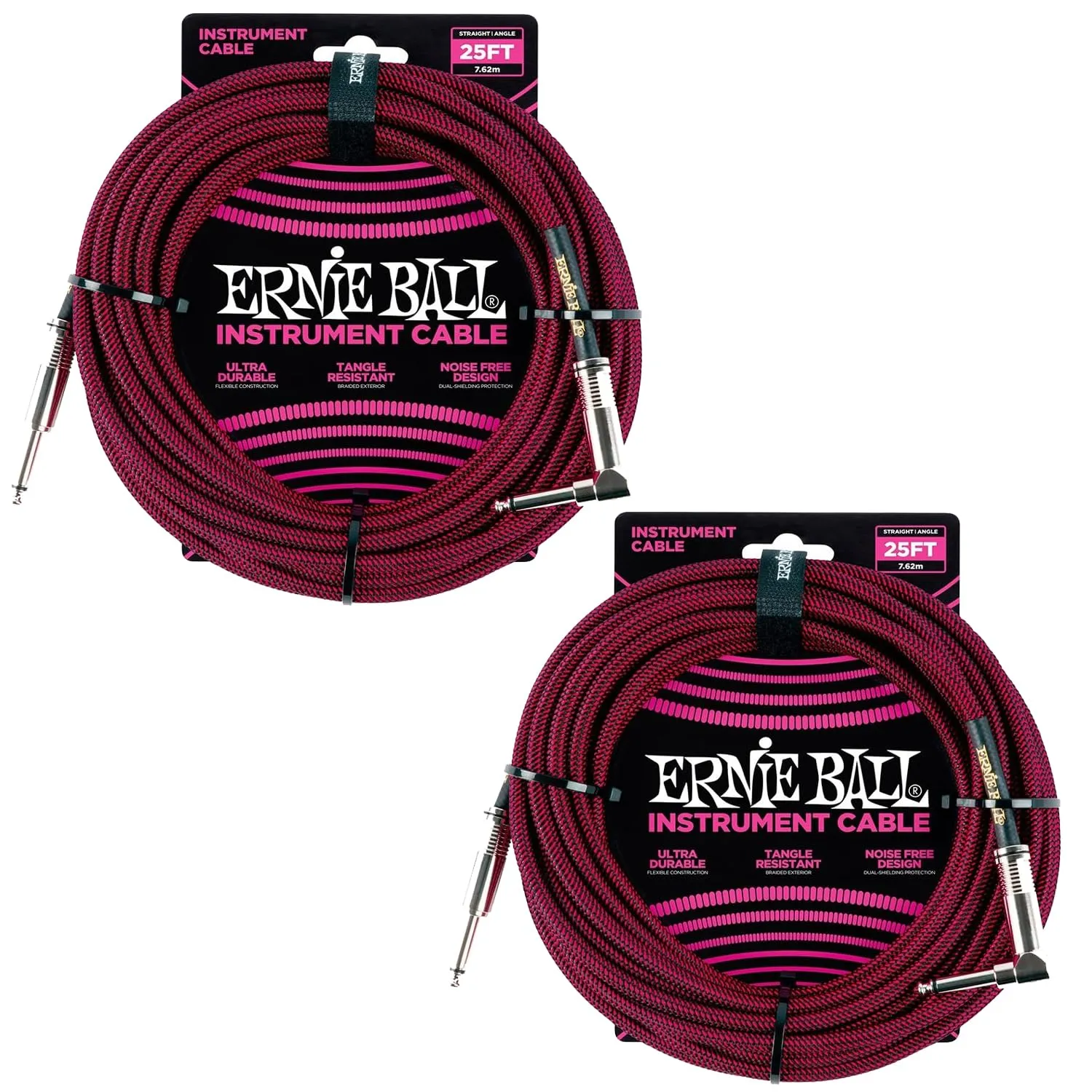 Ernie Ball Braided Instrument Cable Set Straight/Angle Length 25ft in Red/Black (P06062) - Pack of 2
