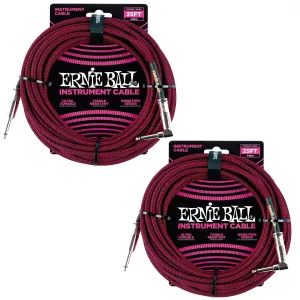 Ernie Ball Braided Instrument Cable Set Straight/Angle Length 25ft in Red/Black (P06062) - Pack of 2