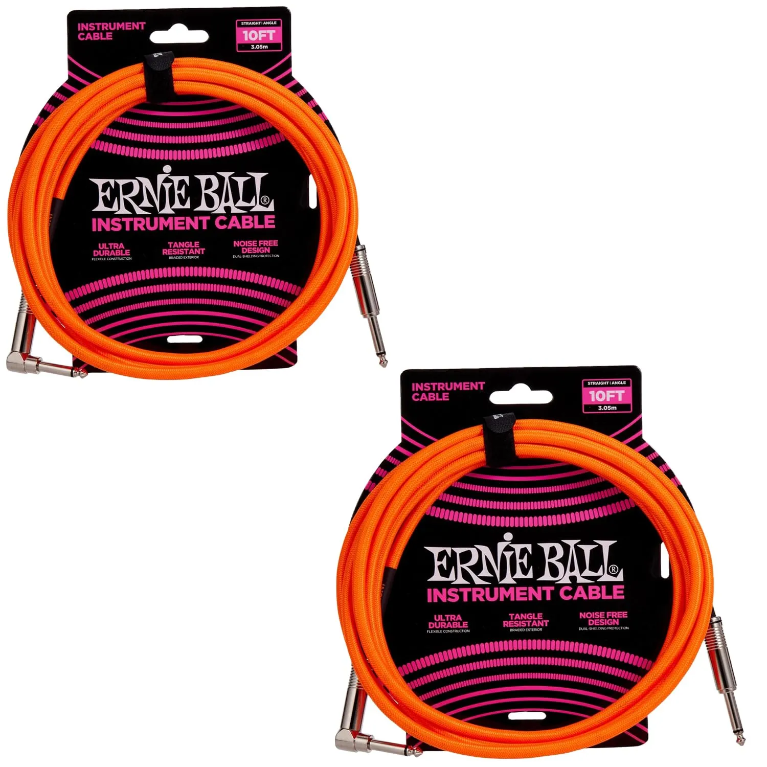 Ernie Ball Braided Instrument Cable Set Straight/Angle Length10ft in Neon Orange (P06079) - Pack of 2