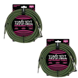 Ernie Ball Braided Instrument Cable Straight Angle 10 Feet Neon Green Black P06077 Pack of 2
