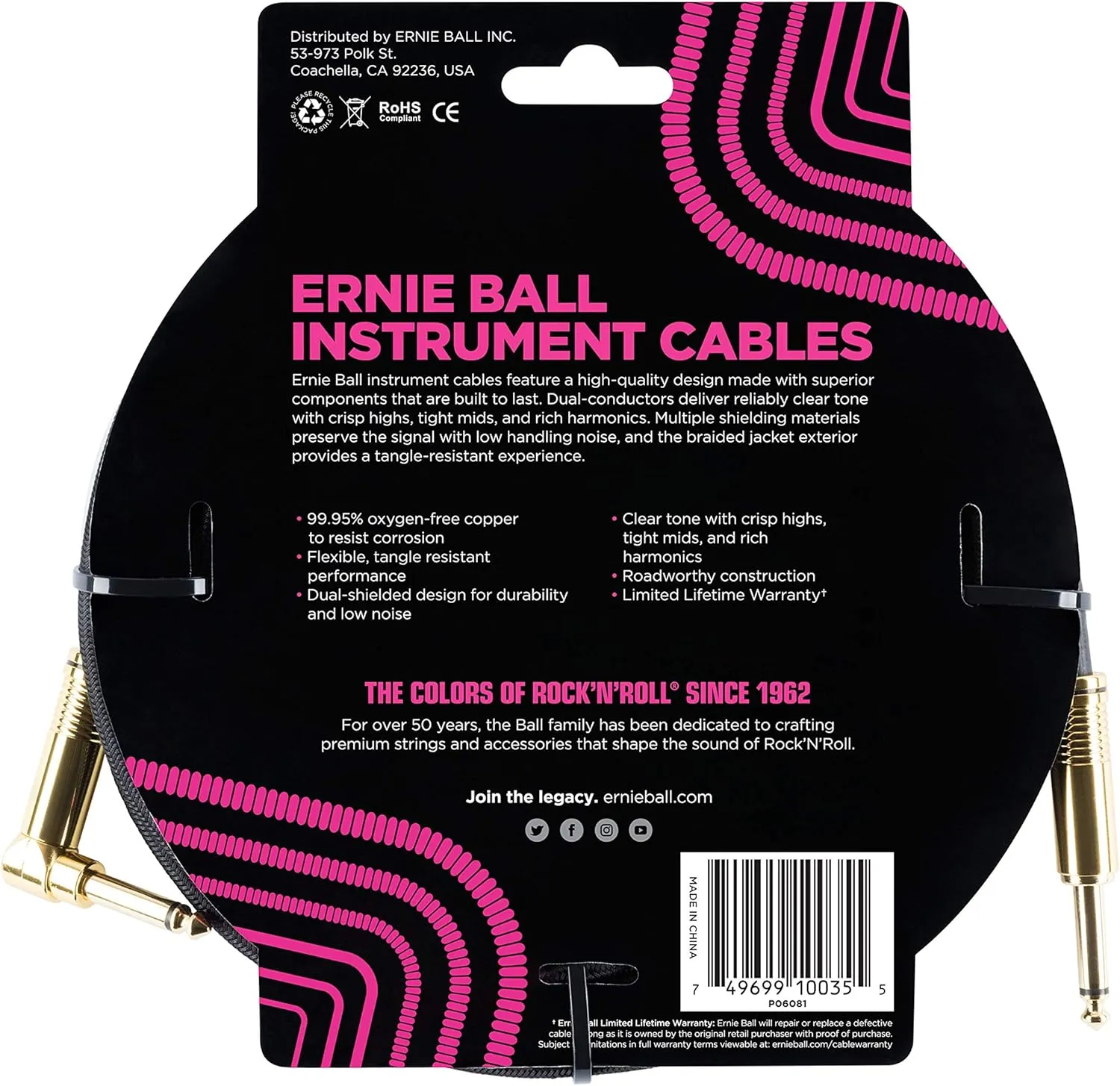 Ernie Ball Braided Instrument Cable, Straight/Angle, 10ft, Black (P06081)