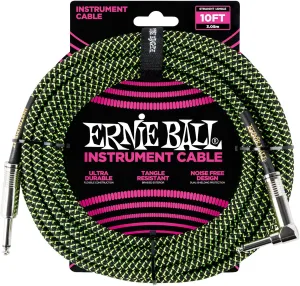 Ernie Ball Braided Instrument Cable, Straight/Angle, 10ft, Neon Green/Black (P06077)