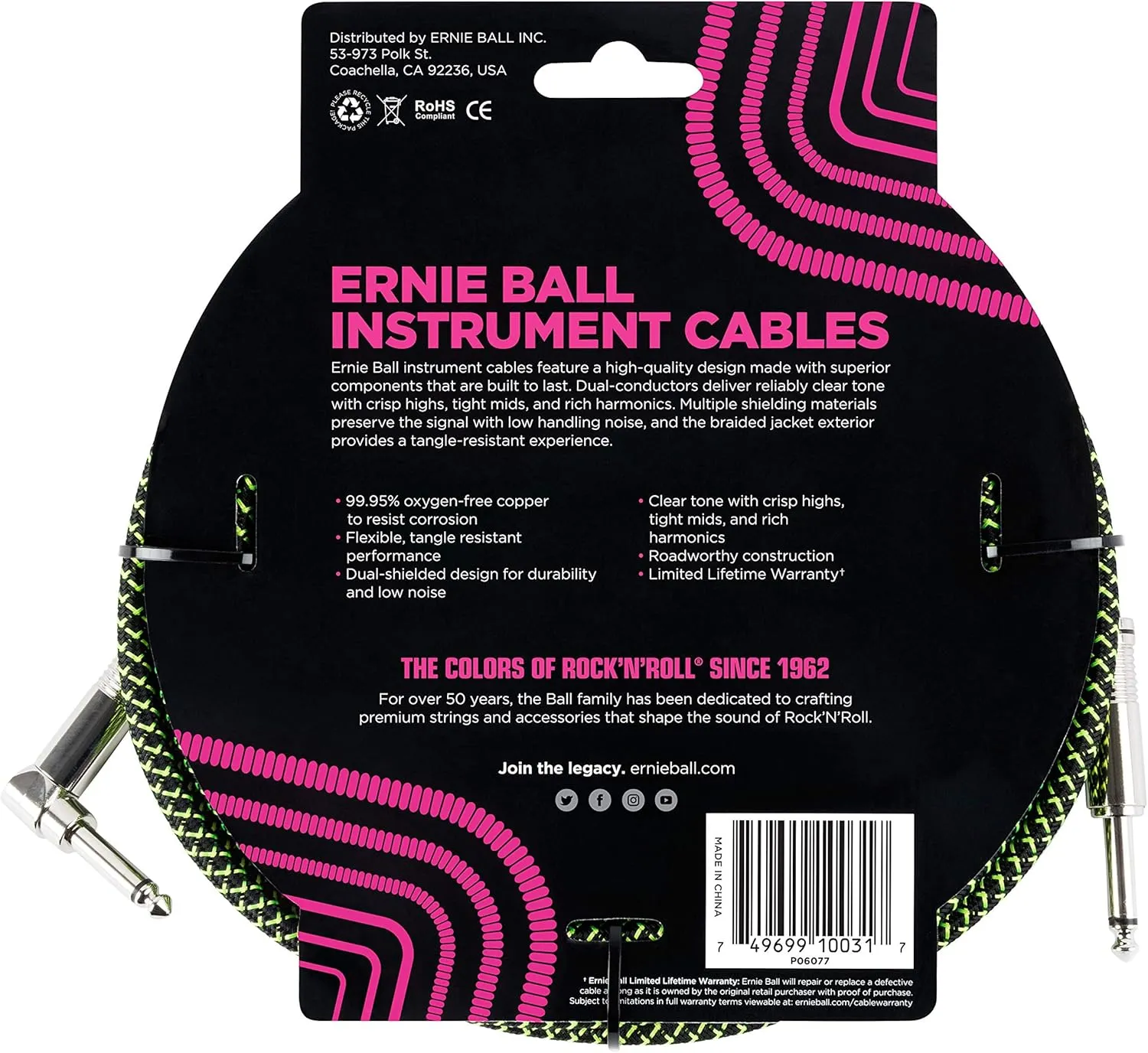 Ernie Ball Braided Instrument Cable, Straight/Angle, 10ft, Neon Green/Black (P06077)