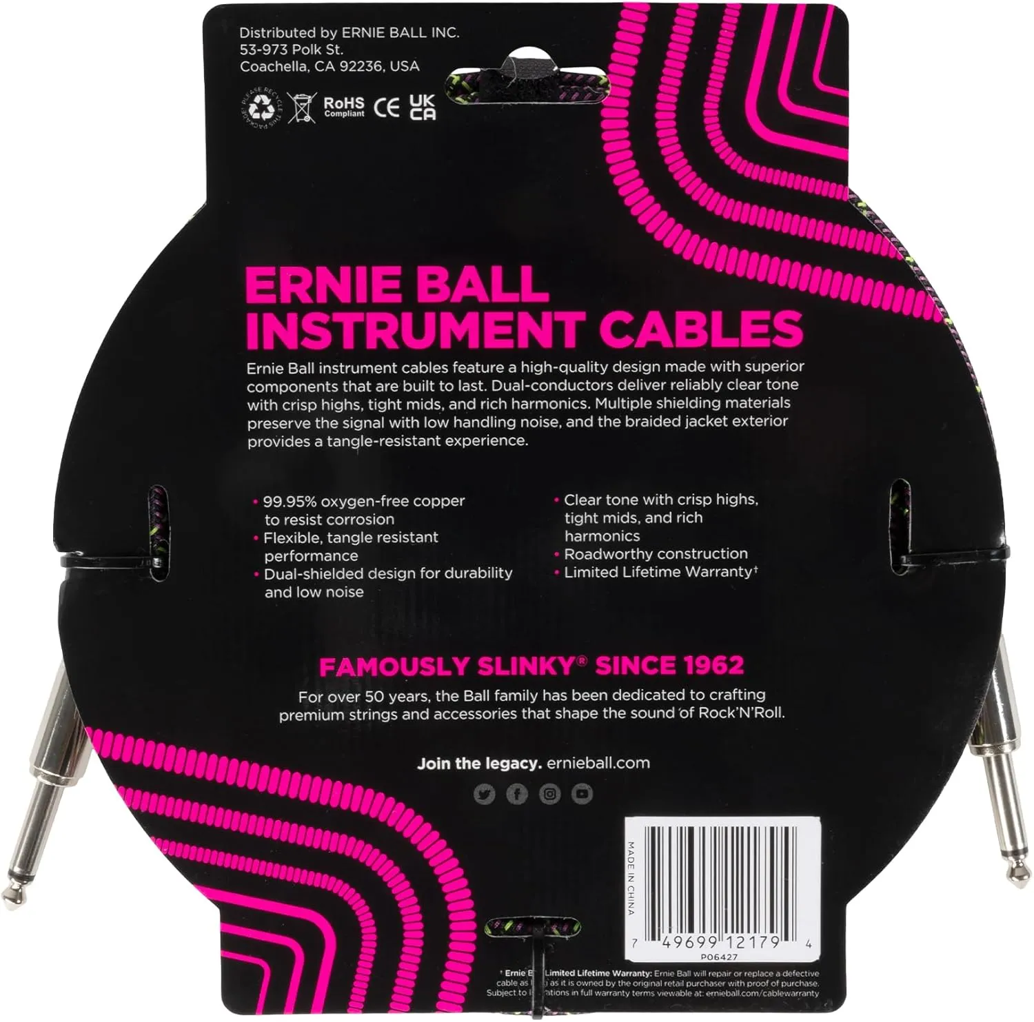 Ernie Ball Instrument Cable, Coaxial Male, Purple Python, 10ft (P06427)