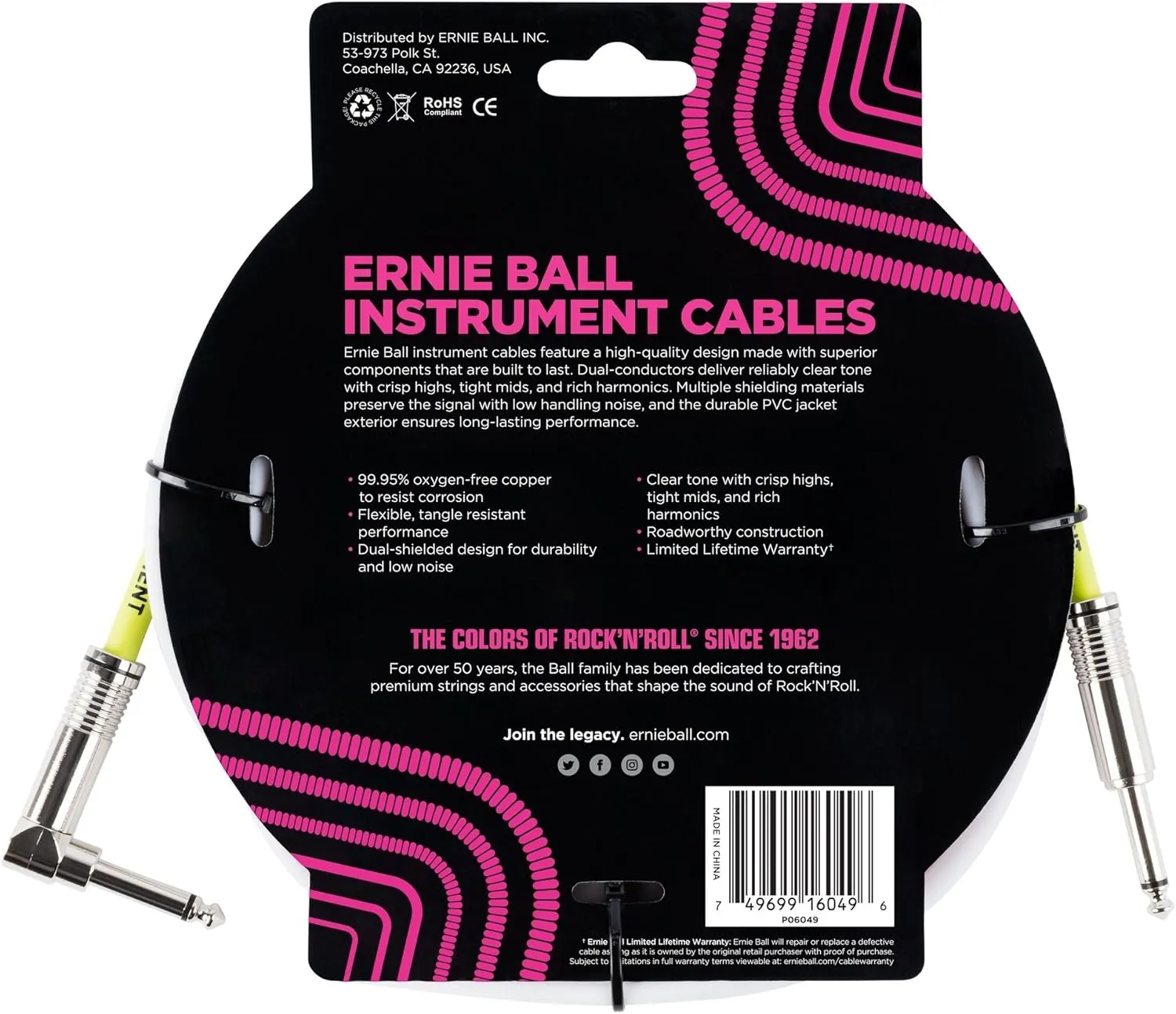 Ernie Ball Instrument Cable, Straight/Angle, 10ft, White (P06049)