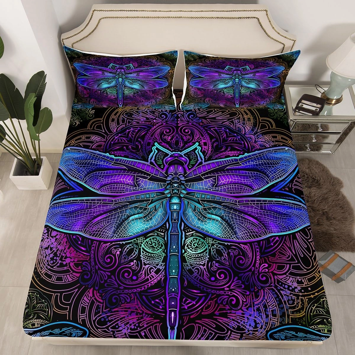 Erosebridal Bohemian Dragonfly Bottom Sheet Mandala Paisley Bedding Set Purple Dragonfly Fitted Sheet Tie Dye Trippy Gypsy Iridescent Chic Hippie Top Sheet, Decor 2 Pcs Twin Size