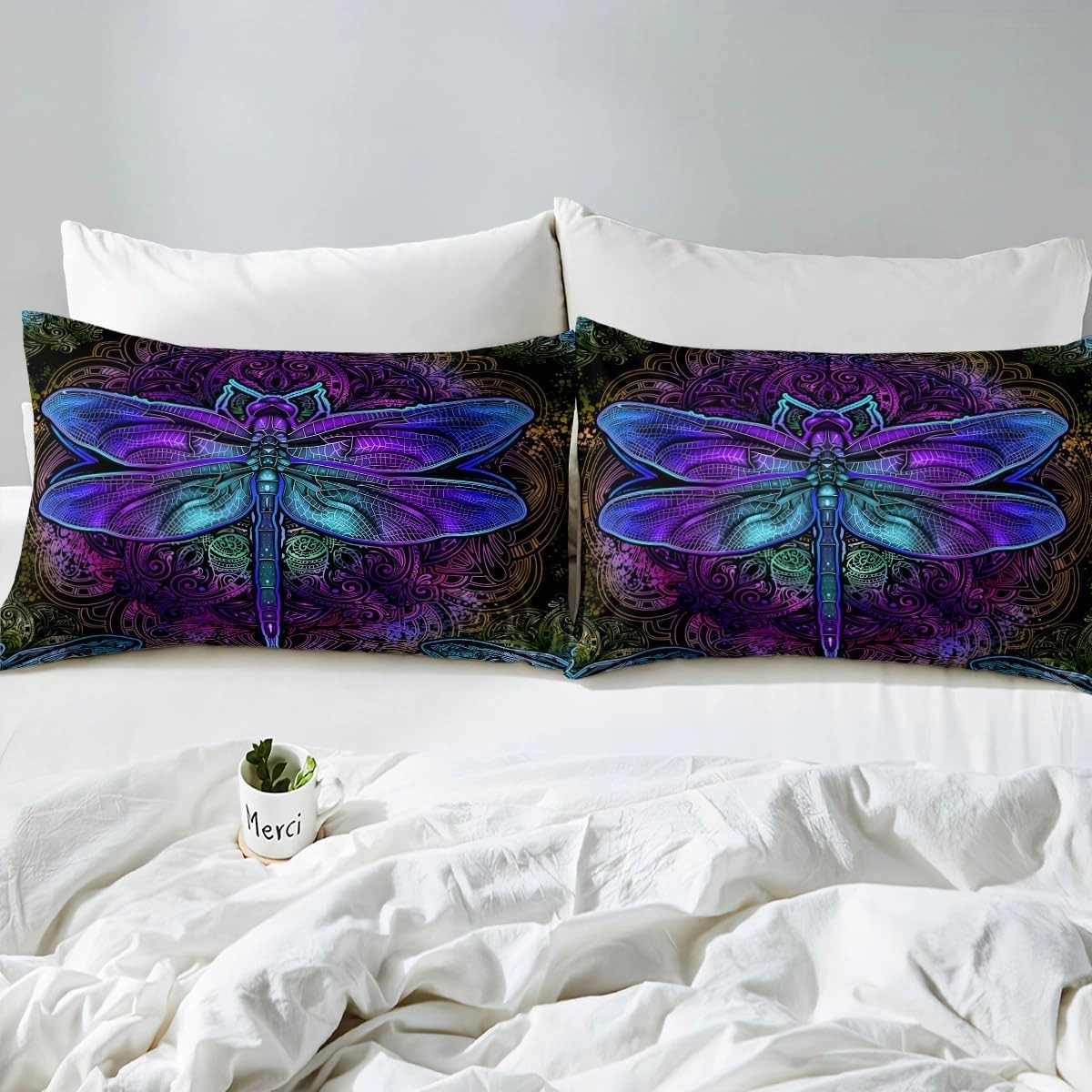 Erosebridal Bohemian Dragonfly Bottom Sheet Mandala Paisley Bedding Set Purple Dragonfly Fitted Sheet Tie Dye Trippy Gypsy Iridescent Chic Hippie Top Sheet, Decor 2 Pcs Twin Size