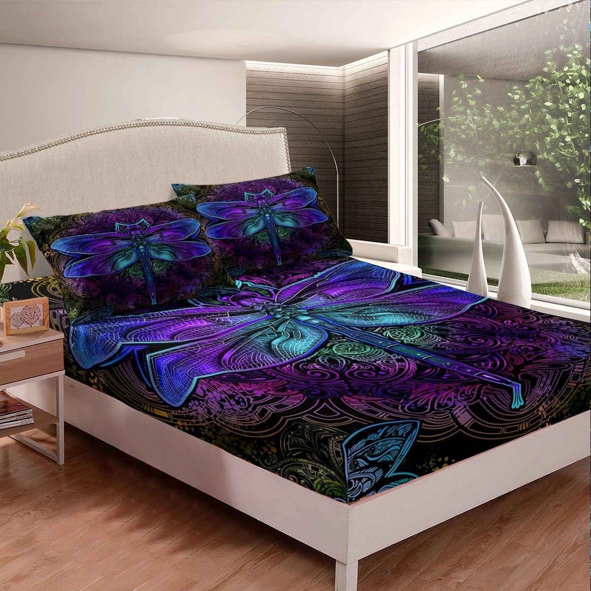 Erosebridal Bohemian Dragonfly Bottom Sheet Mandala Paisley Bedding Set Purple Dragonfly Fitted Sheet Tie Dye Trippy Gypsy Iridescent Chic Hippie Top Sheet, Decor 2 Pcs Twin Size