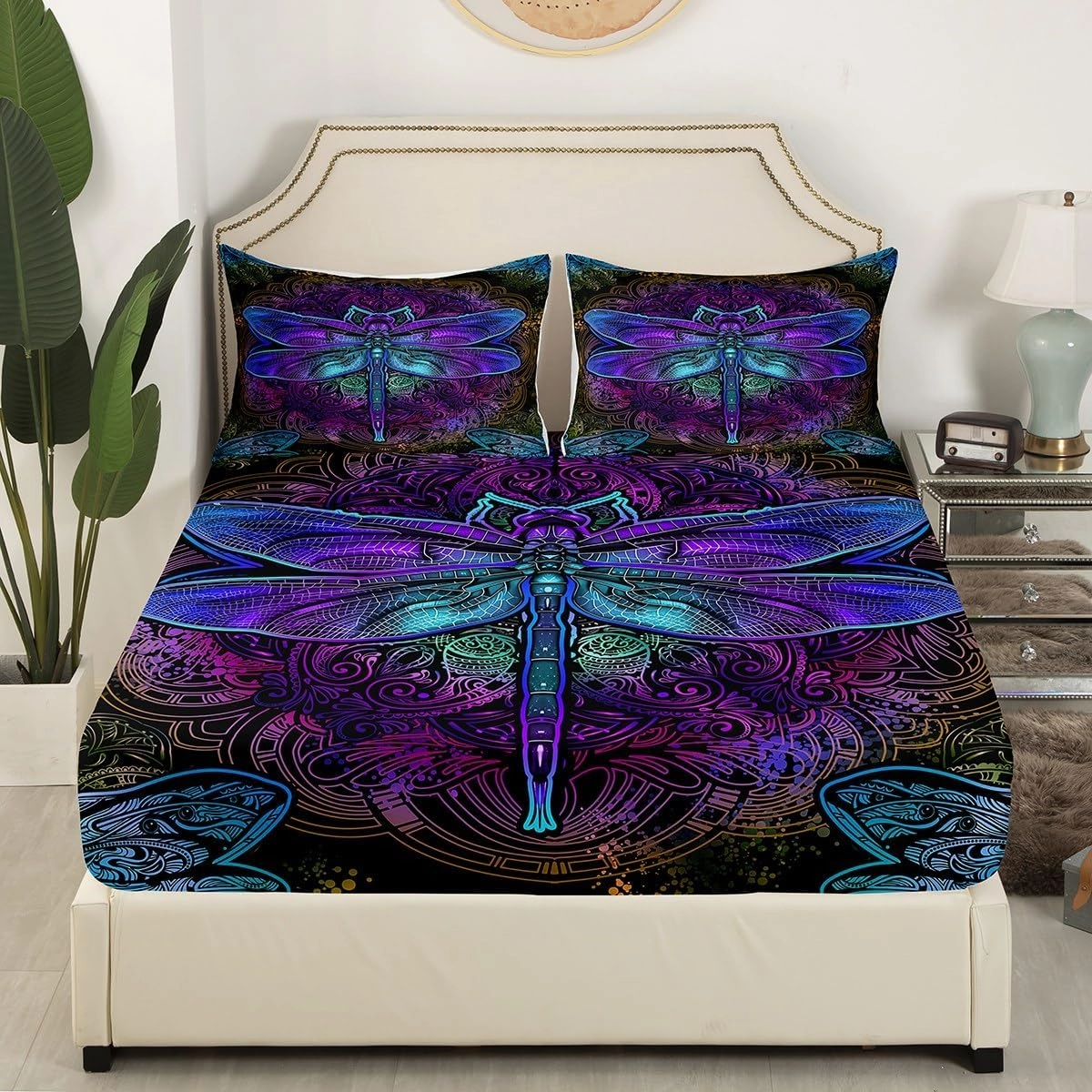 Erosebridal Bohemian Dragonfly Bottom Sheet Mandala Paisley Bedding Set Purple Dragonfly Fitted Sheet Tie Dye Trippy Gypsy Iridescent Chic Hippie Top Sheet, Decor 2 Pcs Twin Size