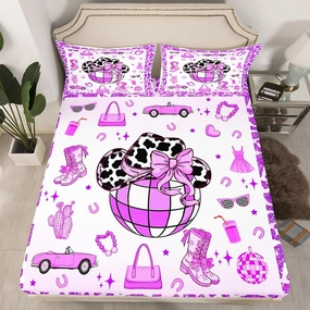 Erosebridal Cowgirl Fitted Sheet Twin Size for Kids Boys Girls,Cow Pattern Hat Bed Sheets,Western Cowboy Bedding Set,Purple Stars Boots Bed Set with 1 Pillowcase Deep Pockets,no Top Sheet