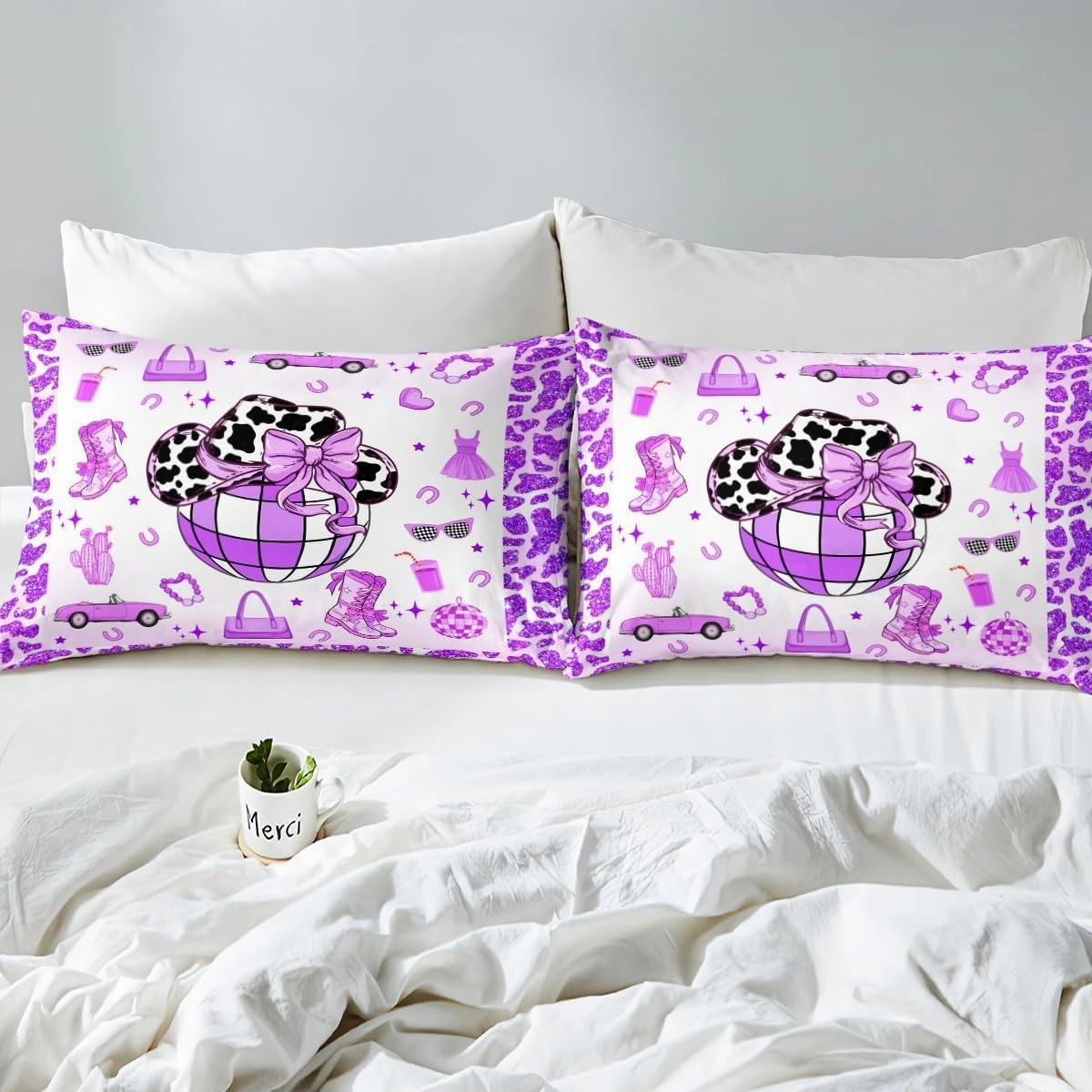 Erosebridal Cowgirl Fitted Sheet Twin Size for Kids Boys Girls,Cow Pattern Hat Bed Sheets,Western Cowboy Bedding Set,Purple Stars Boots Bed Set with 1 Pillowcase Deep Pockets,no Top Sheet