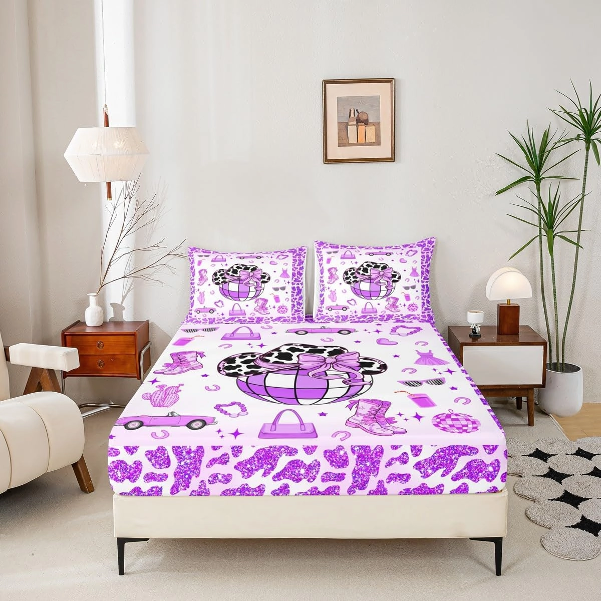 Erosebridal Cowgirl Fitted Sheet Twin Size for Kids Boys Girls,Cow Pattern Hat Bed Sheets,Western Cowboy Bedding Set,Purple Stars Boots Bed Set with 1 Pillowcase Deep Pockets,no Top Sheet