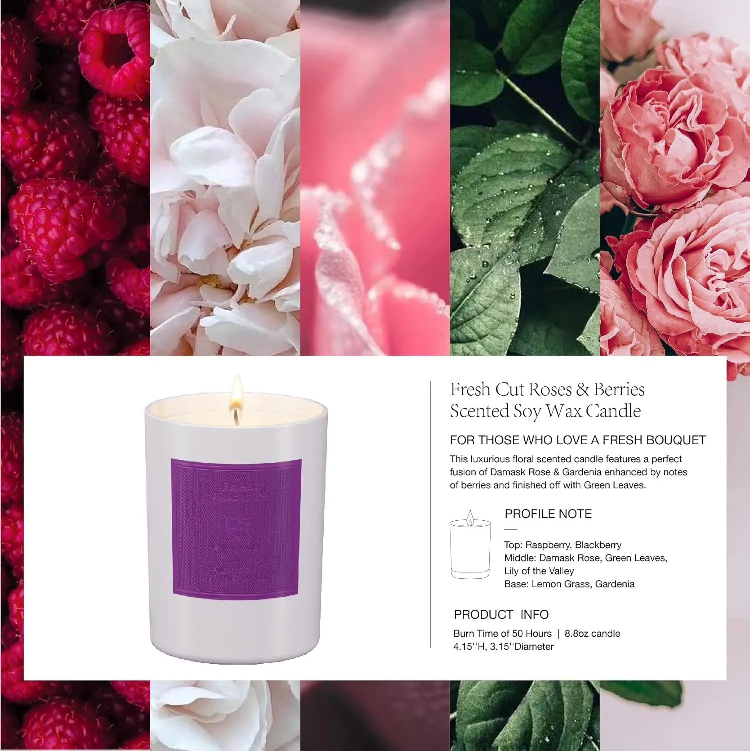 ESNA HOME Leblanc Fresh Cut Roses & Berries Premium Aromatherapy Scented Candles | Gifts for Her | All Natural Essential Oils Soy | 8.8oz 50 Hours Long Burning | Votive Candle with Matching Gift Box
