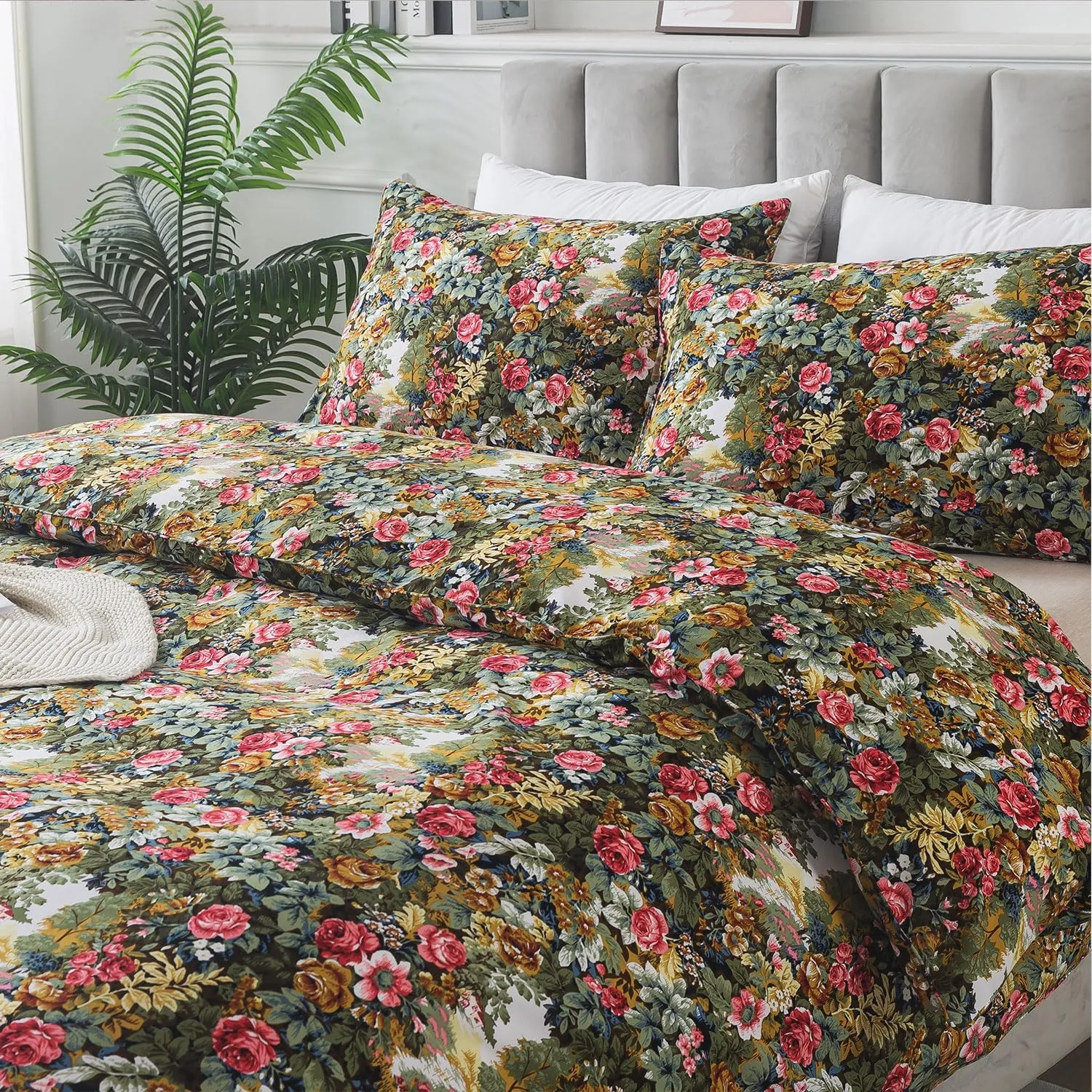 FADFAY Duvet Cover Sets Queen Size 100% Brushed Cotton Rich Floral Print Shabby Country Style Bedding Green Comforter Cover for All Season Soft Reversible Bed Cover with Zipper 3Pcs