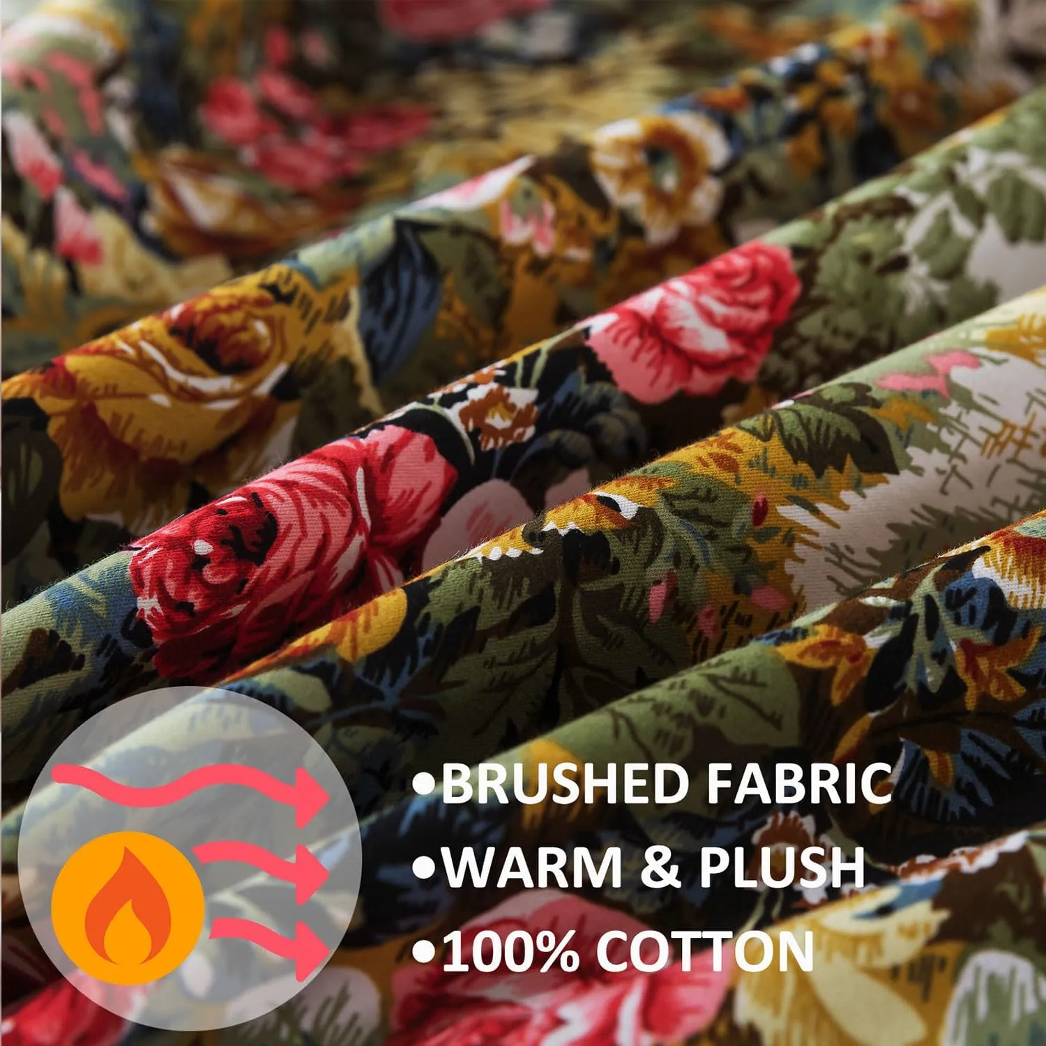 FADFAY Duvet Cover Sets Queen Size 100% Brushed Cotton Rich Floral Print Shabby Country Style Bedding Green Comforter Cover for All Season Soft Reversible Bed Cover with Zipper 3Pcs