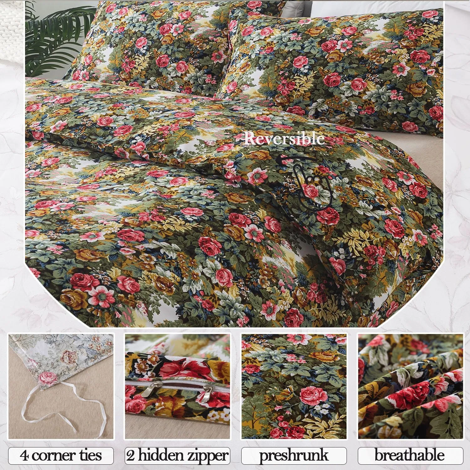 FADFAY Duvet Cover Sets Queen Size 100% Brushed Cotton Rich Floral Print Shabby Country Style Bedding Green Comforter Cover for All Season Soft Reversible Bed Cover with Zipper 3Pcs