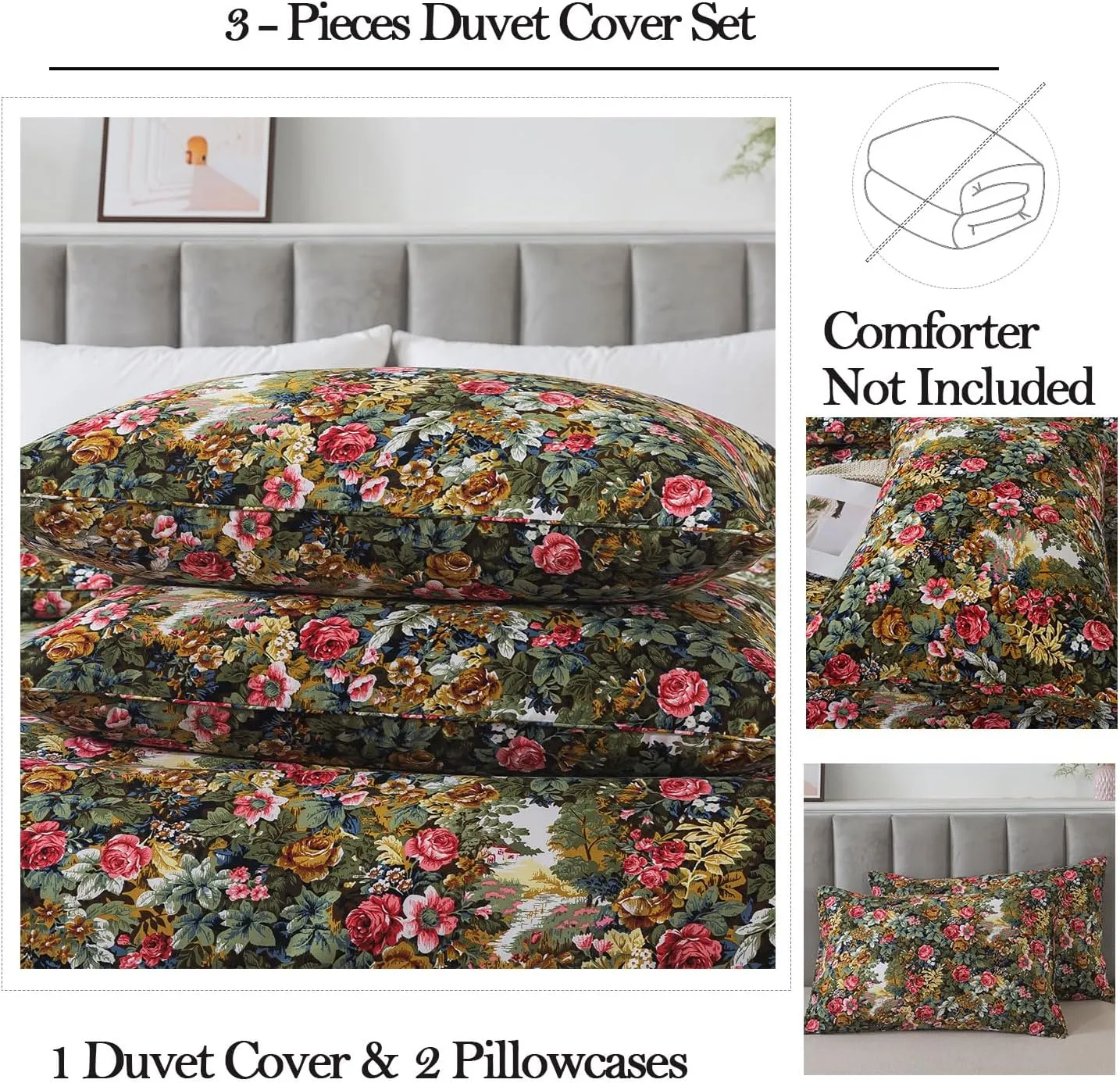 FADFAY Duvet Cover Sets Queen Size 100% Brushed Cotton Rich Floral Print Shabby Country Style Bedding Green Comforter Cover for All Season Soft Reversible Bed Cover with Zipper 3Pcs