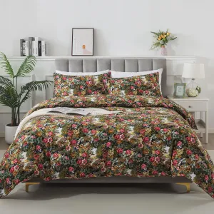 FADFAY Duvet Cover Sets Queen Size 100% Brushed Cotton Rich Floral Print Shabby Country Style Bedding Green Comforter Cover for All Season Soft Reversible Bed Cover with Zipper 3Pcs