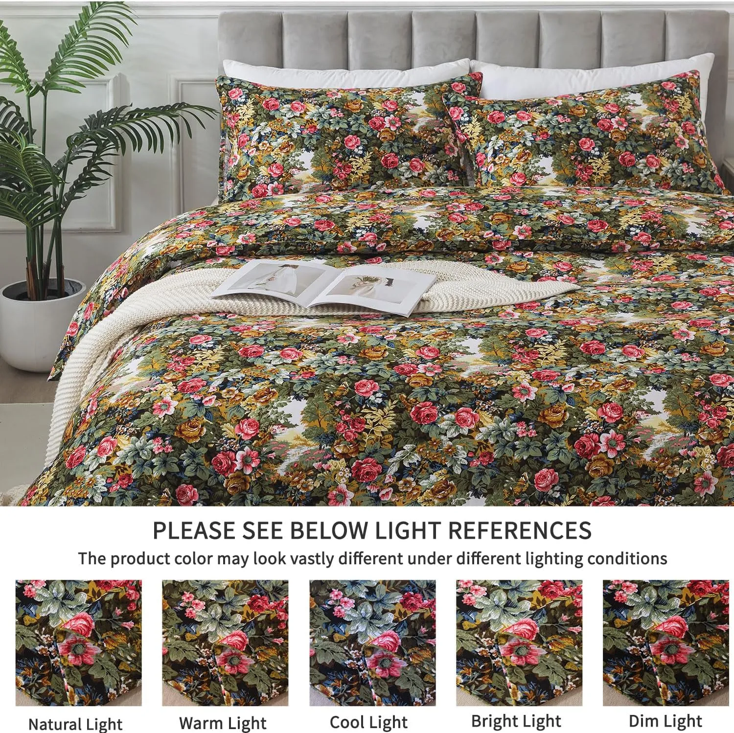 FADFAY Duvet Cover Sets Queen Size 100% Brushed Cotton Rich Floral Print Shabby Country Style Bedding Green Comforter Cover for All Season Soft Reversible Bed Cover with Zipper 3Pcs