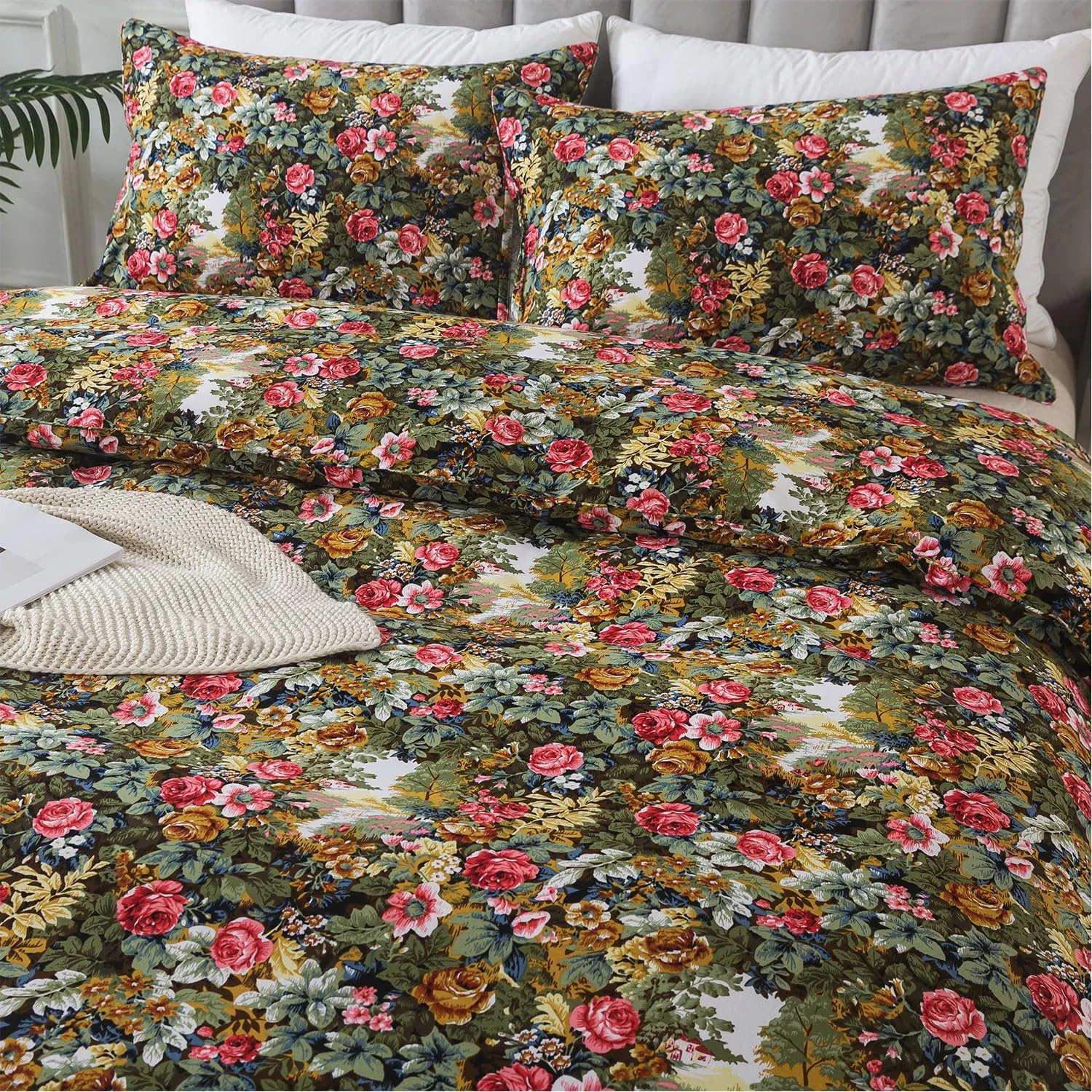 FADFAY Duvet Cover Sets Queen Size 100% Brushed Cotton Rich Floral Print Shabby Country Style Bedding Green Comforter Cover for All Season Soft Reversible Bed Cover with Zipper 3Pcs