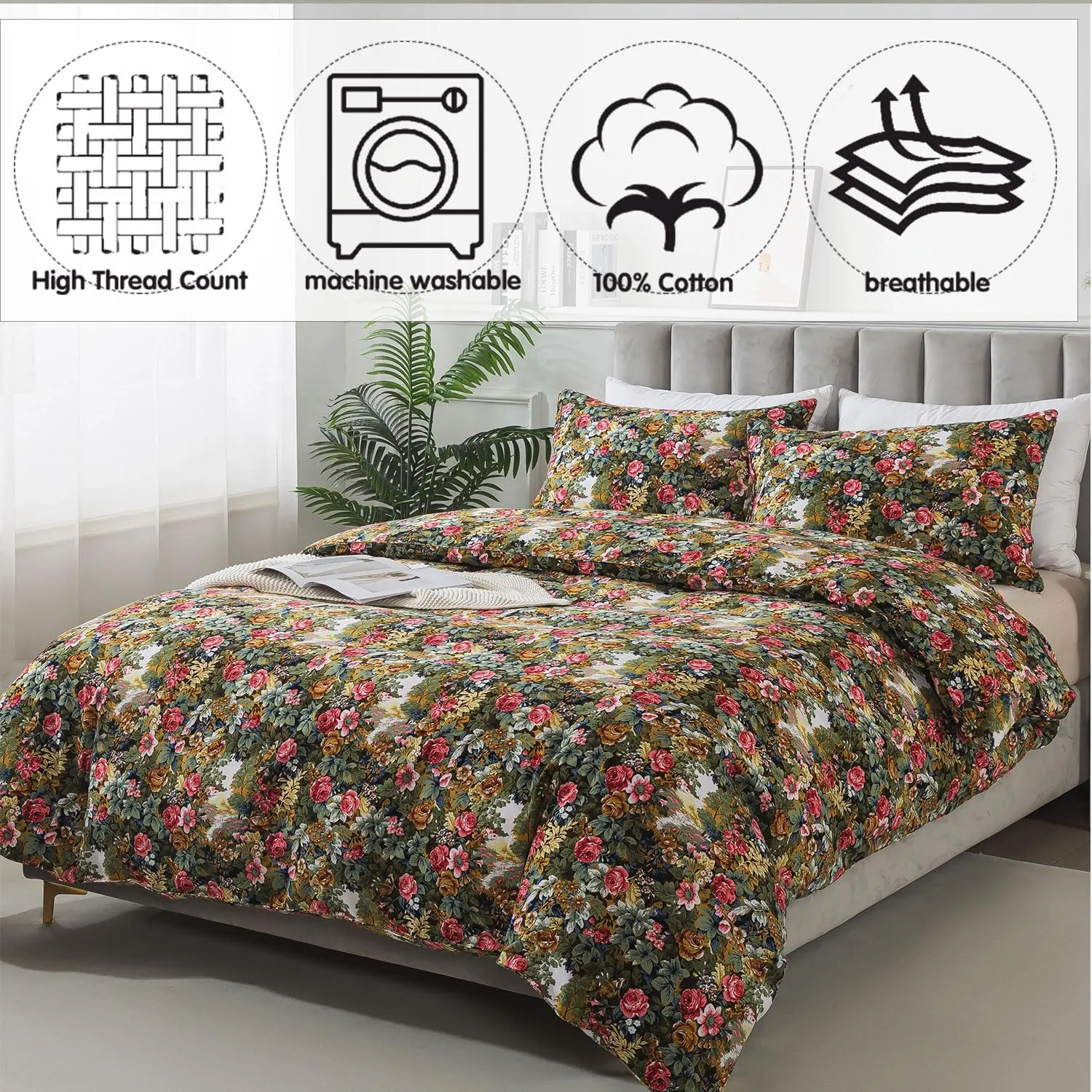 FADFAY Duvet Cover Sets Queen Size 100% Brushed Cotton Rich Floral Print Shabby Country Style Bedding Green Comforter Cover for All Season Soft Reversible Bed Cover with Zipper 3Pcs