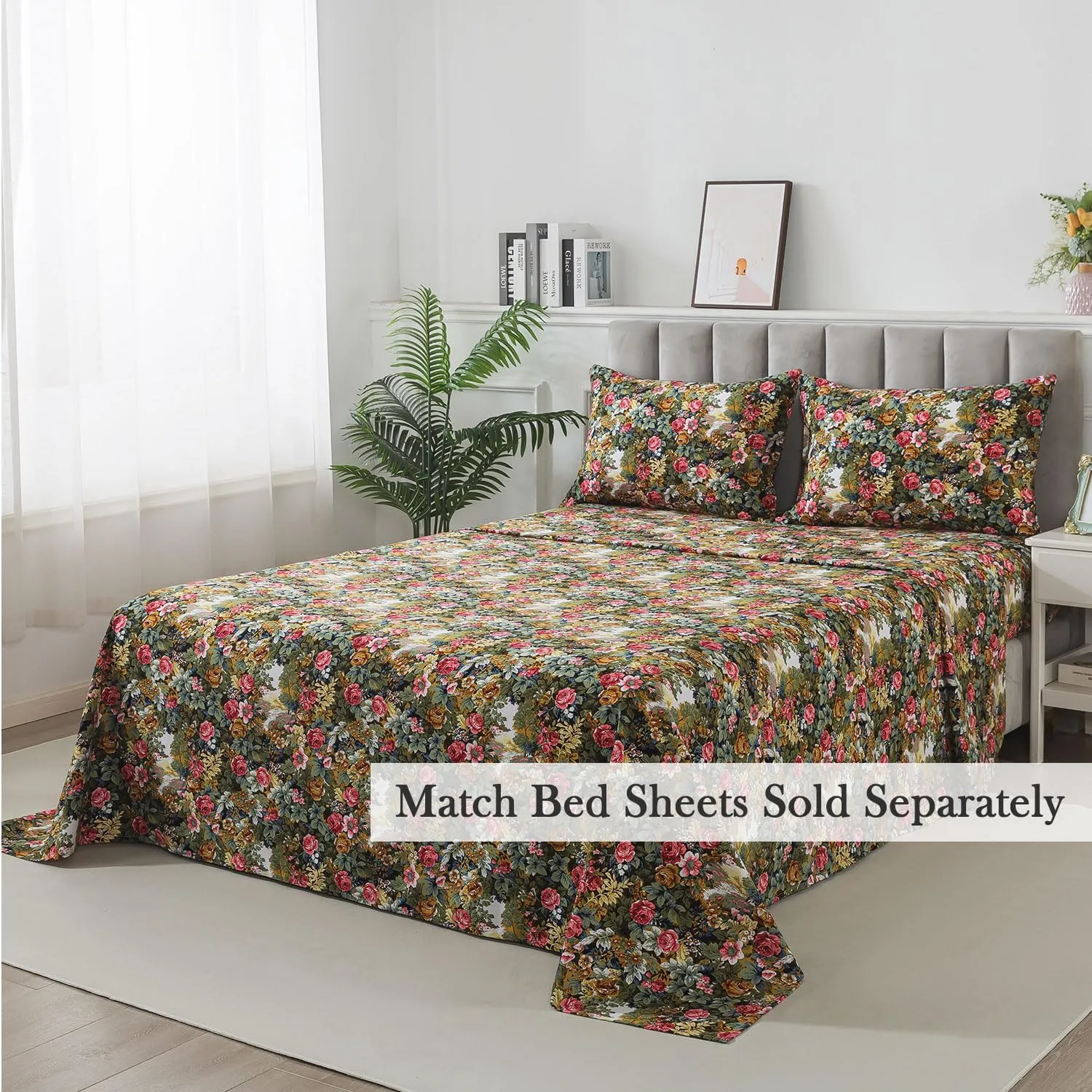 FADFAY Duvet Cover Sets Queen Size 100% Brushed Cotton Rich Floral Print Shabby Country Style Bedding Green Comforter Cover for All Season Soft Reversible Bed Cover with Zipper 3Pcs