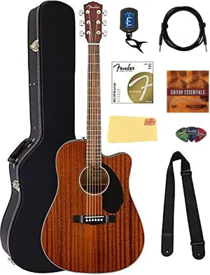 Fender CD-60SCE Solid Top Dreadnought Acoustic-Electric Guitar - All Mahogany Bundle with Hard Case, Tuner, Instrument Cable, Strap, Strings, Picks, Polishing Cloth and Austin Bazaar Instructional DVD
