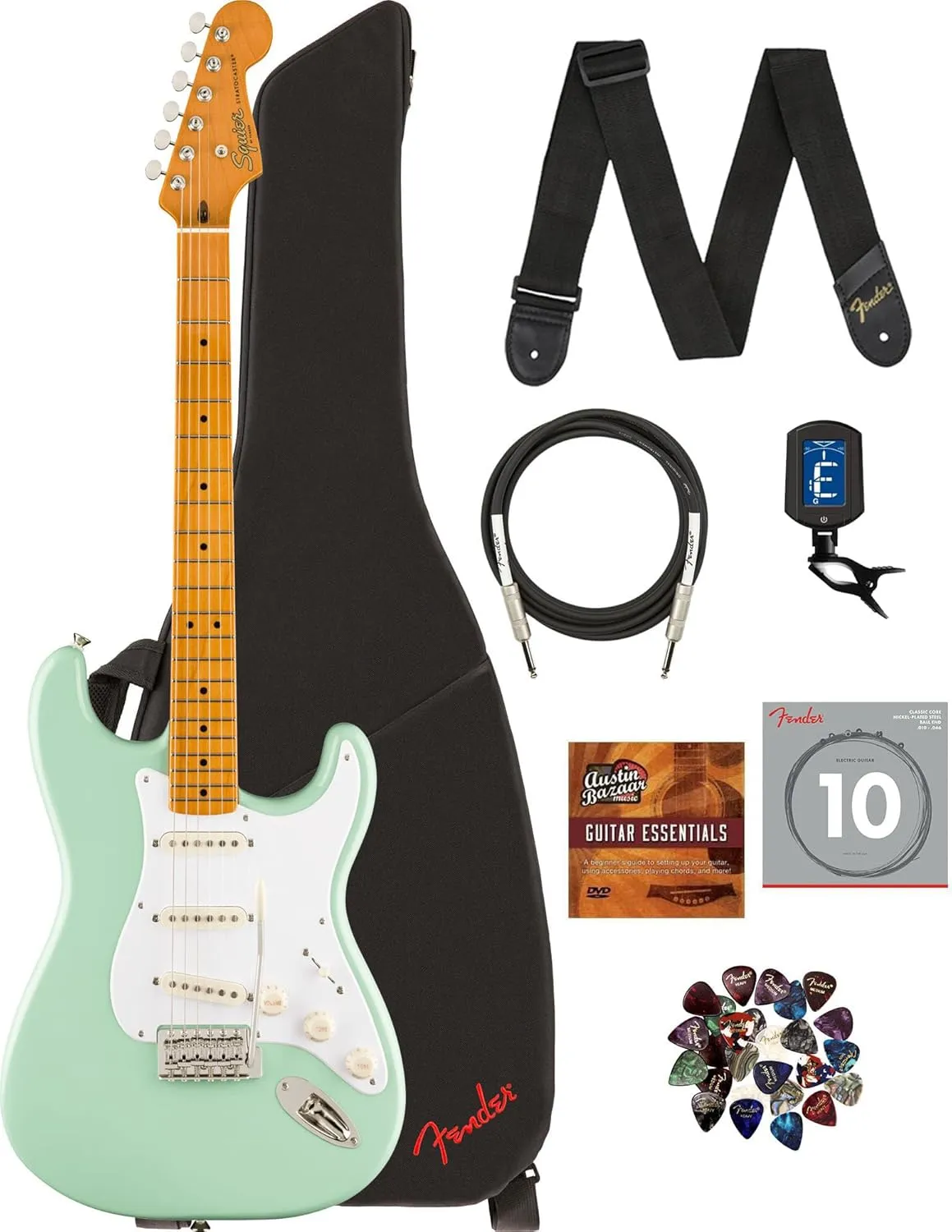Fender Squier Classic Vibe '50s Stratocaster - Surf Green Bundle with Gig Bag, Cable, Tuner, Strap, Strings, Picks, and Austin Bazaar Instructional DVD