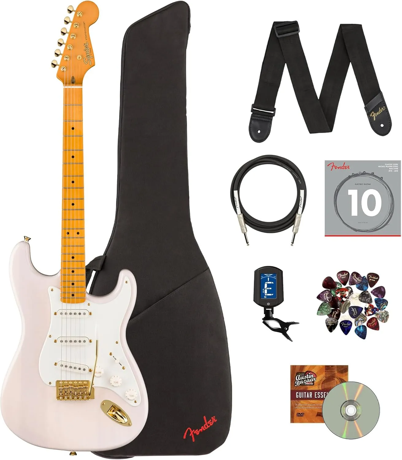 Fender Squier Classic Vibe '50s Stratocaster - White Blonde Bundle with Gig Bag, Cable, Tuner, Strap, Strings, Picks, and Austin Bazaar Instructional DVD