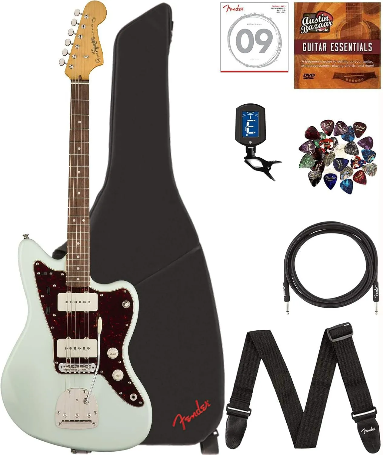 Fender Squier Classic Vibe '60s Jazzmaster - Sonic Blue Bundle with Gig Bag, Instrument Cable, Tuner, Strap, Strings, Picks, and Austin Bazaar Instructional DVD